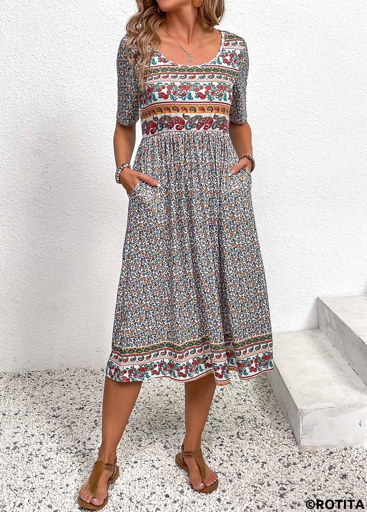 Multi Color dresses,Ditsy Floral dresses,Paisley dresses,Everyday dresses,Casual dresses,Ruched Ditsy Floral Print Multi Color Round Neck Dress