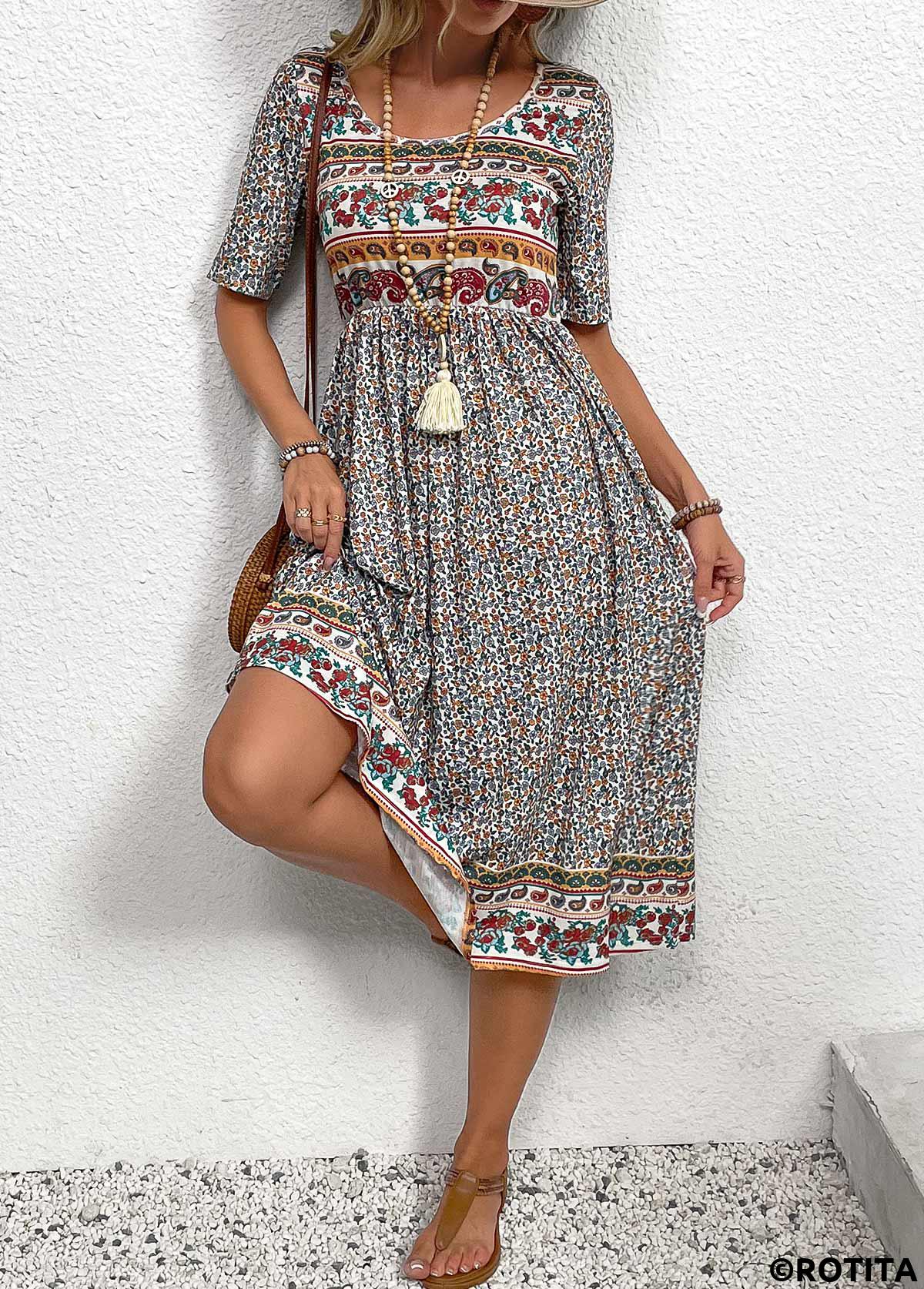 Multi Color dresses,Ditsy Floral dresses,Paisley dresses,Everyday dresses,Casual dresses,Ruched Ditsy Floral Print Multi Color Round Neck Dress