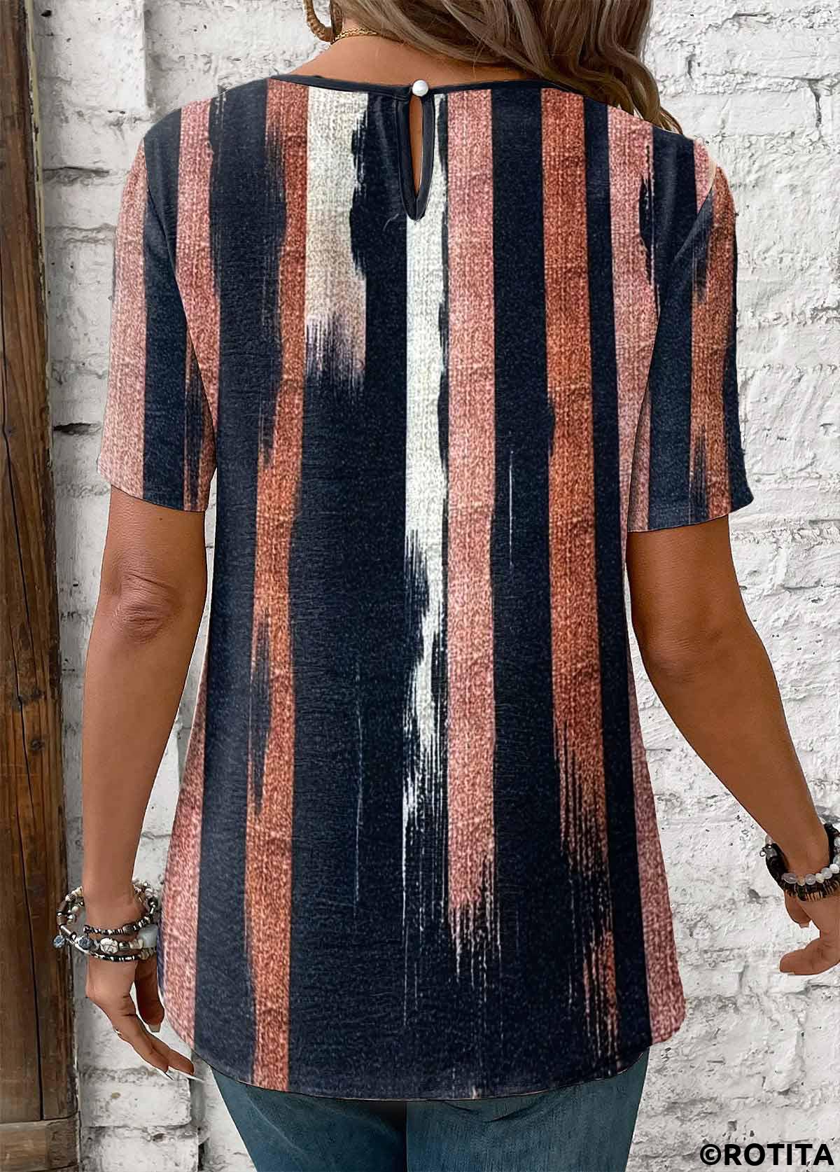 Navy tops,Striped tops,Geometric tops,ROTITA Button Multi Stripe Print Navy V Neck T Shirt
