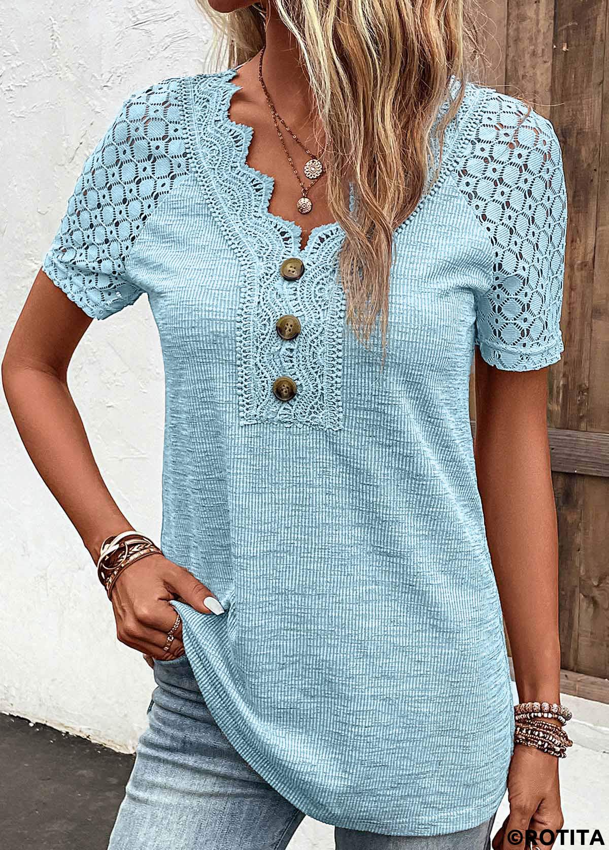 Light Blue tops,Plain Color tops,ROTITA Lace Light Blue V Neck Short Sleeve T Shirt