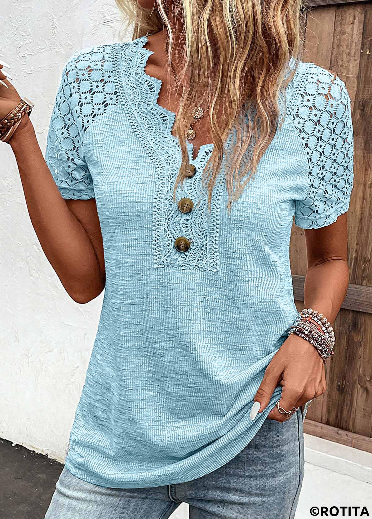 Light Blue tops,Plain Color tops,ROTITA Lace Light Blue V Neck Short Sleeve T Shirt