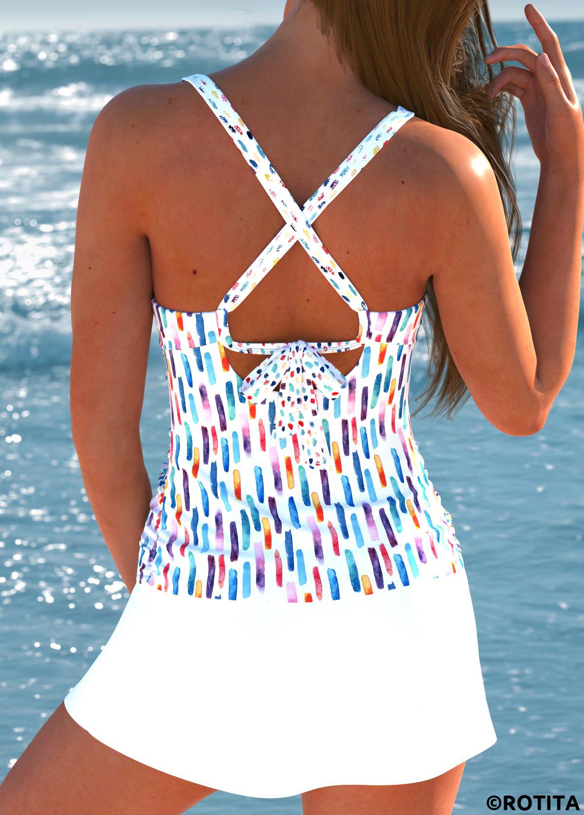 White swimwear,Geometric swimwear,Striped swimwear,ROTITA Criss Cross White Geometric Print Tankini Set
