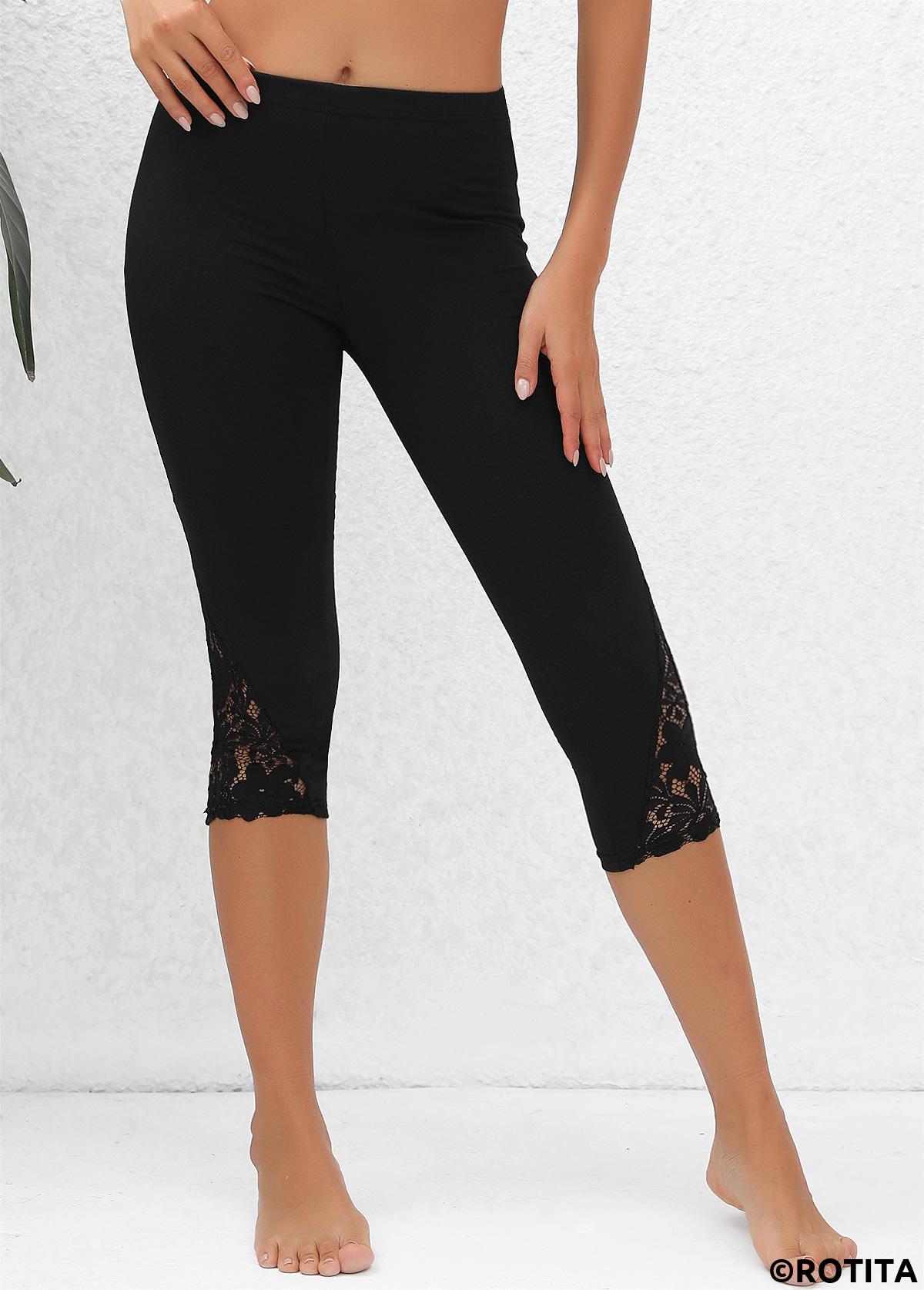 Black bottoms,Plain Color bottoms,Lace Black High Waisted Elastic Waist Capri Leggings