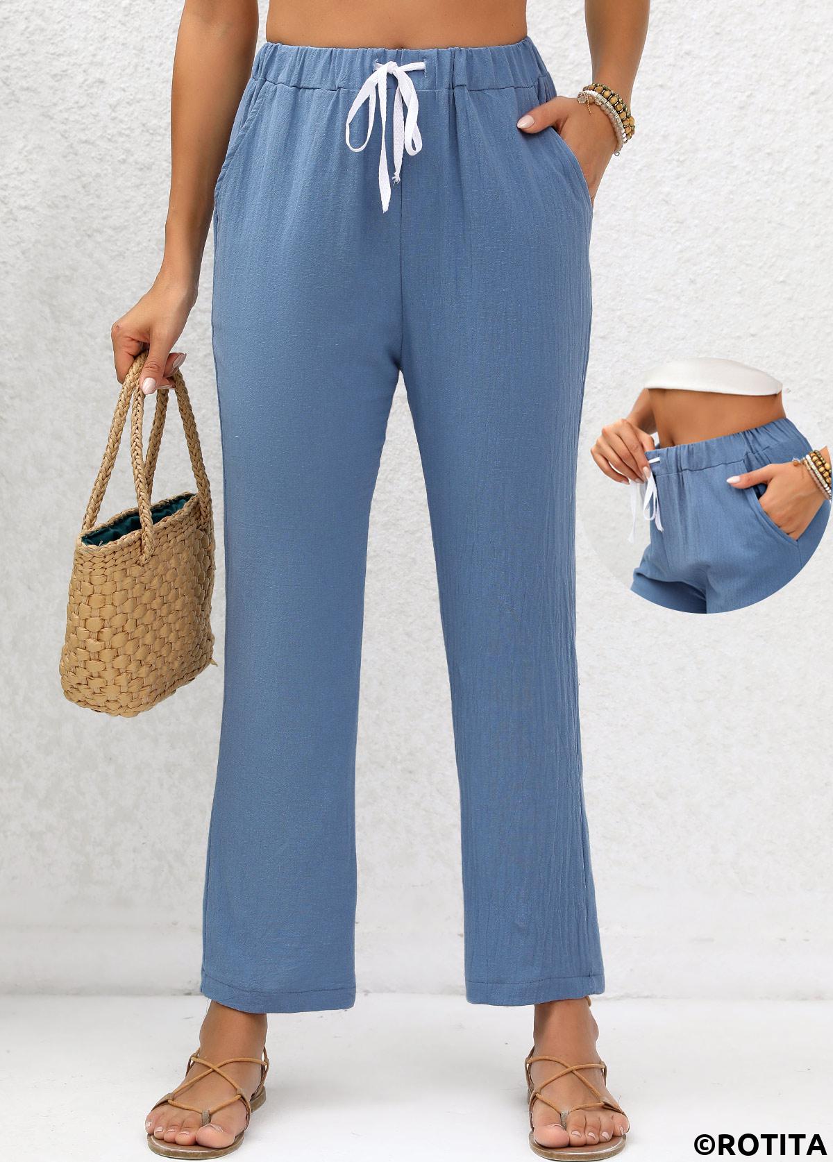 Denim Blue bottoms,Plain Color bottoms,Double Side Pockets Denim Blue Elastic Waist Pants