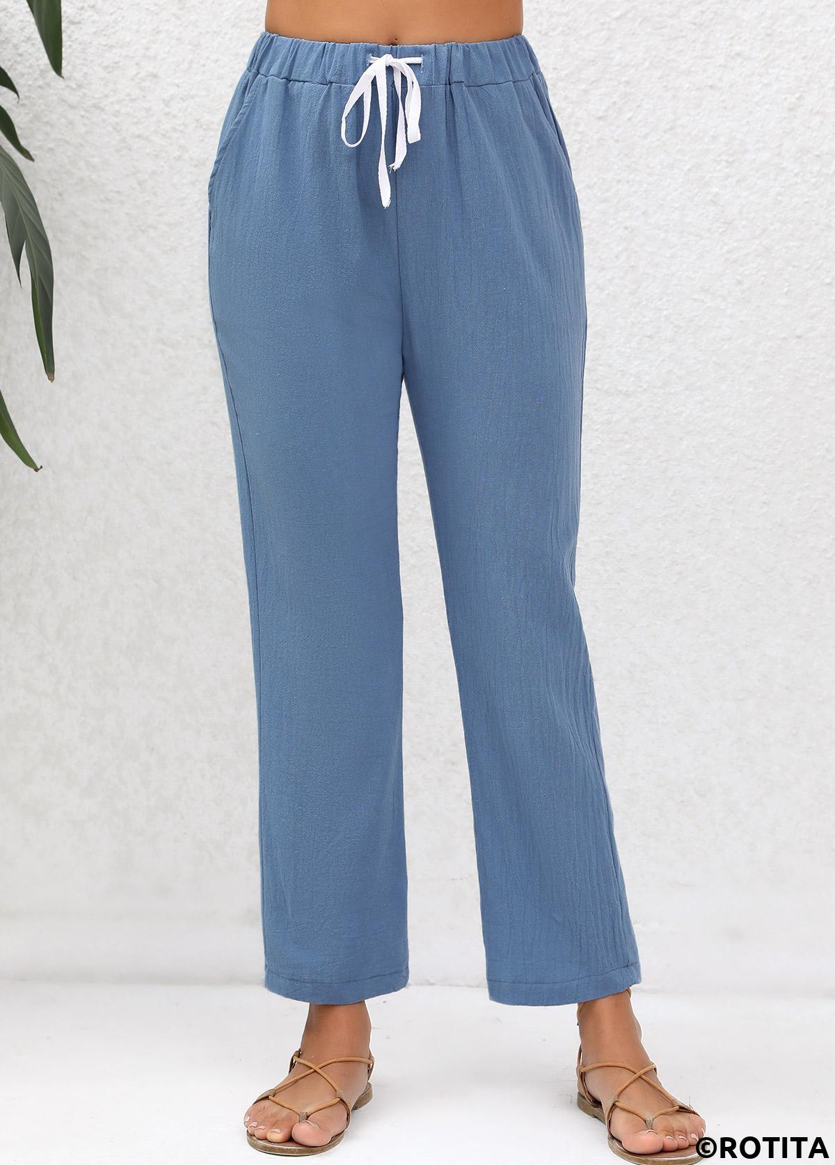 Denim Blue bottoms,Plain Color bottoms,Double Side Pockets Denim Blue Elastic Waist Pants