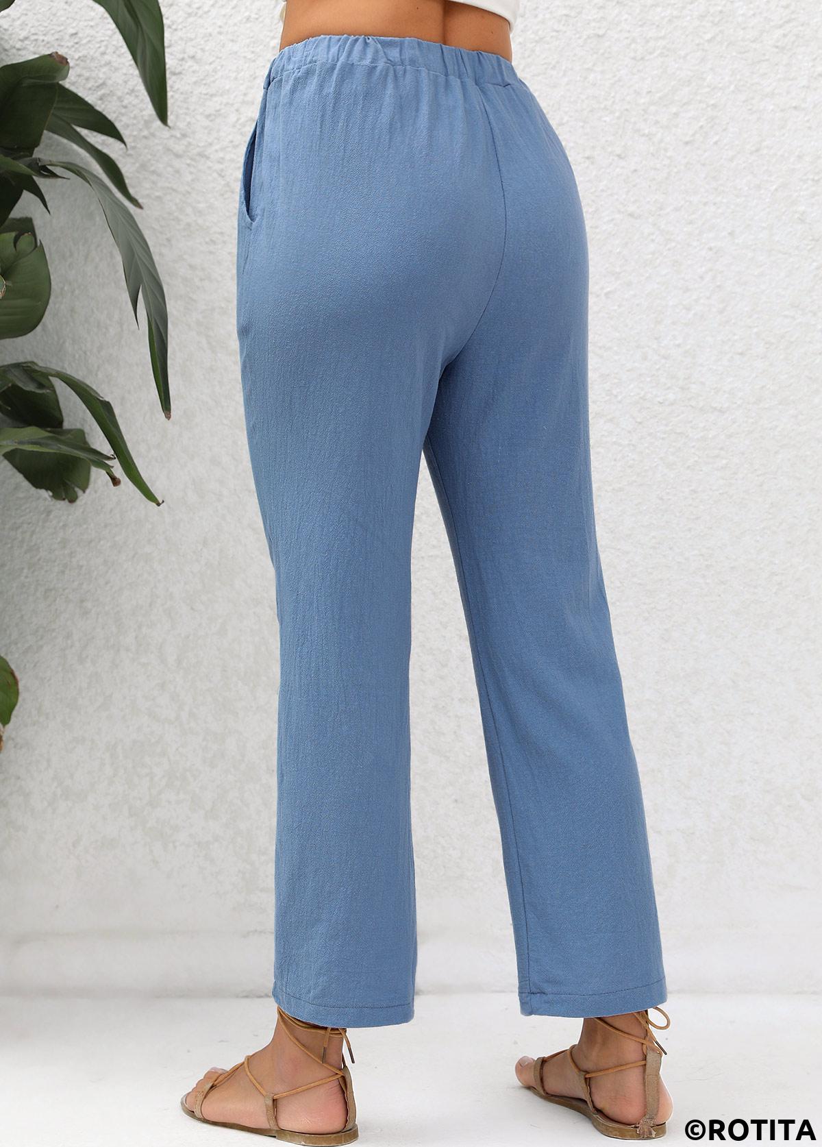 Denim Blue bottoms,Plain Color bottoms,Double Side Pockets Denim Blue Elastic Waist Pants