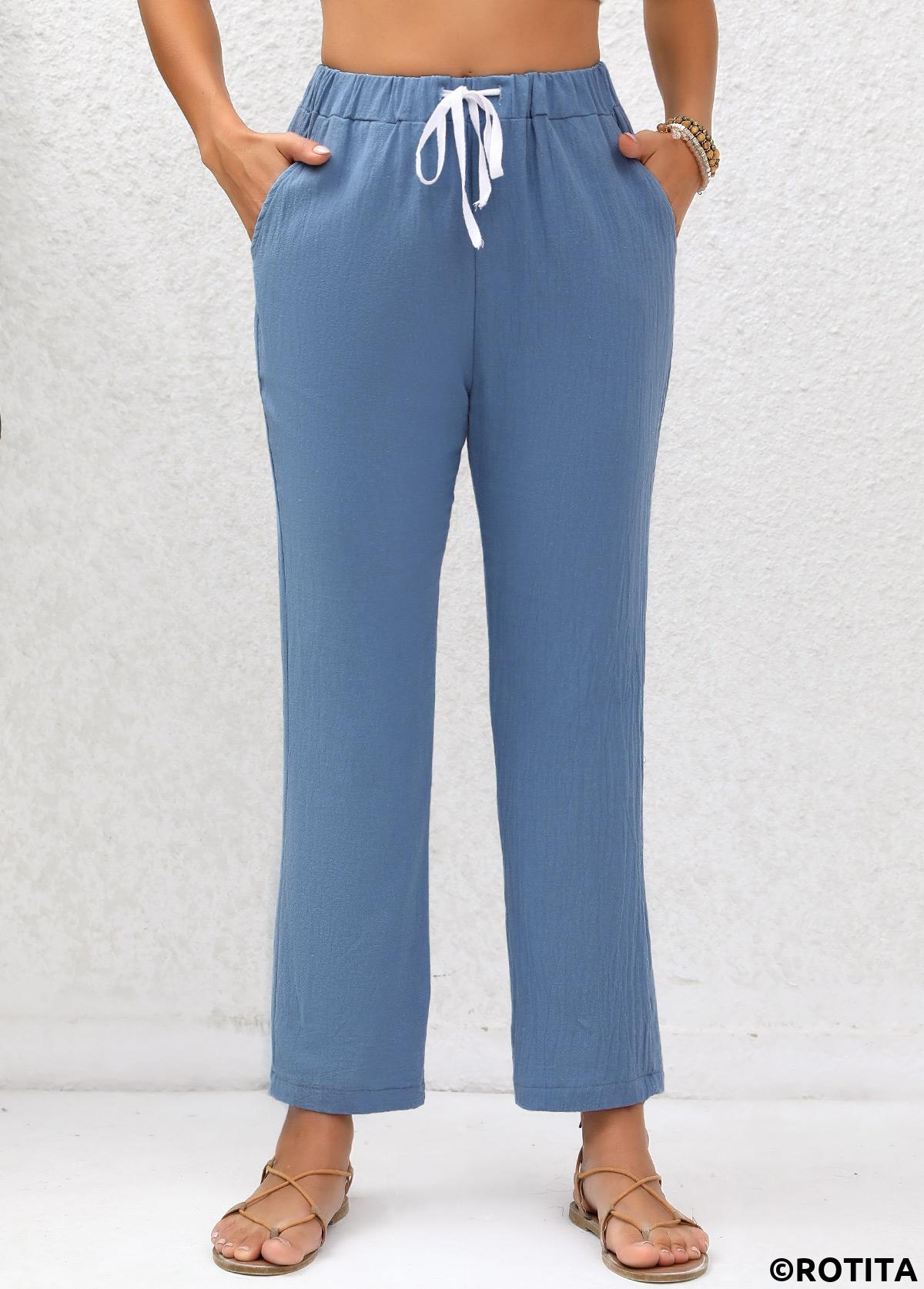 Denim Blue bottoms,Plain Color bottoms,Double Side Pockets Denim Blue Elastic Waist Pants