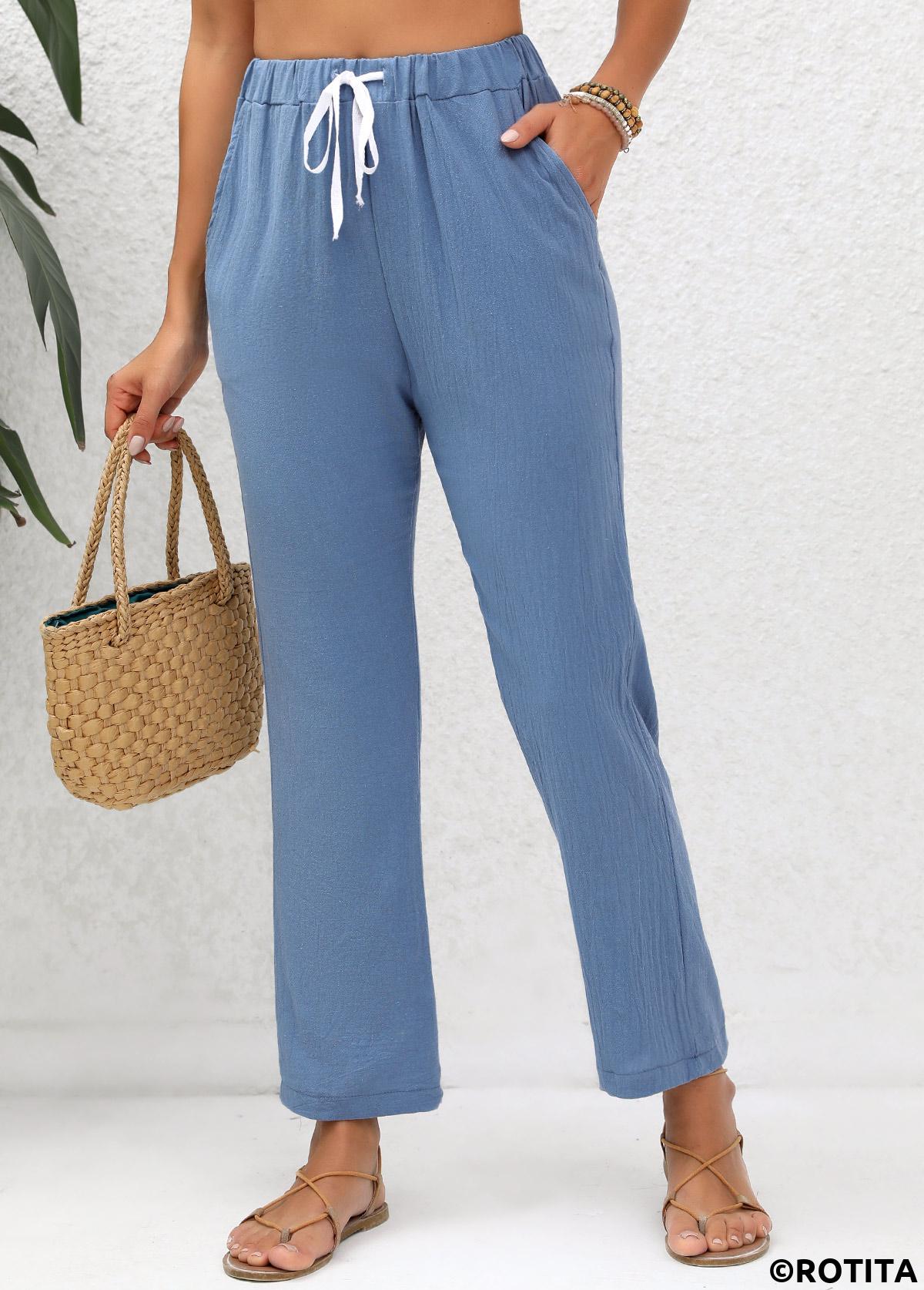 Denim Blue bottoms,Plain Color bottoms,Double Side Pockets Denim Blue Elastic Waist Pants