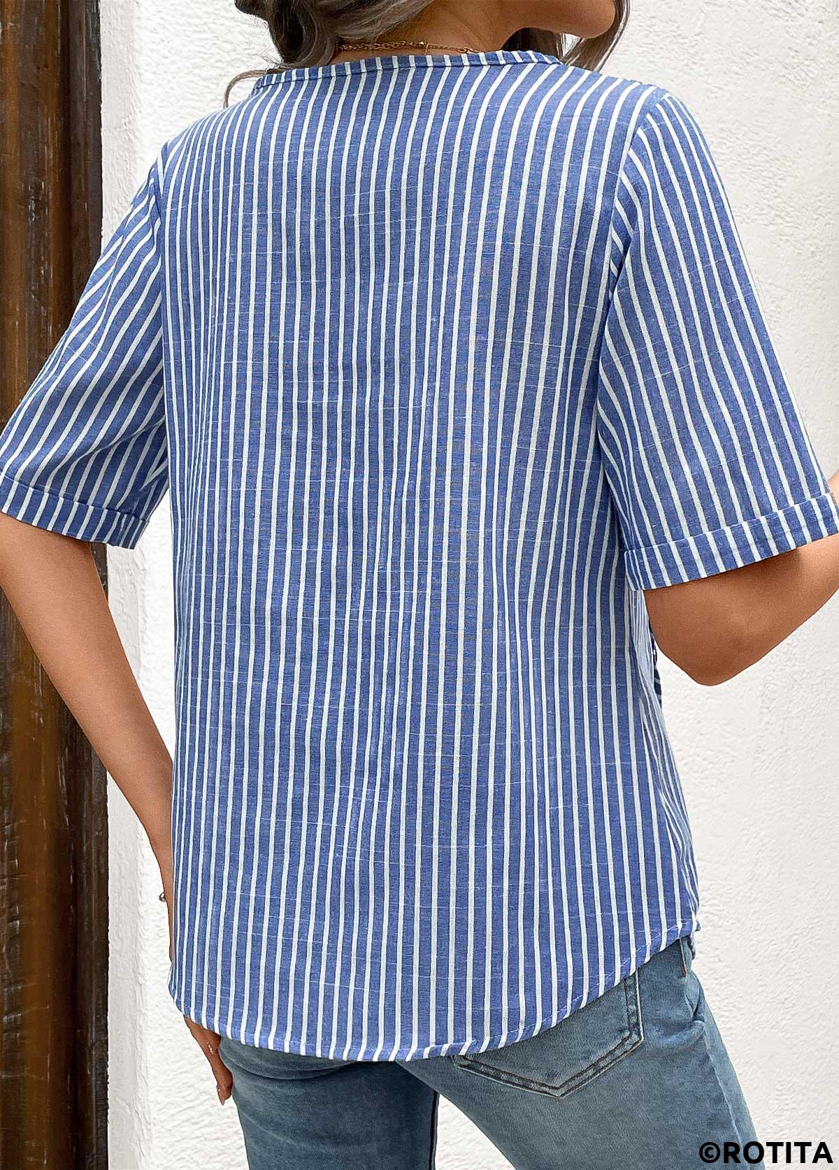 Blue tops,Striped tops,Geometric tops,Button Striped Blue Round Neck Short Sleeve Blouse