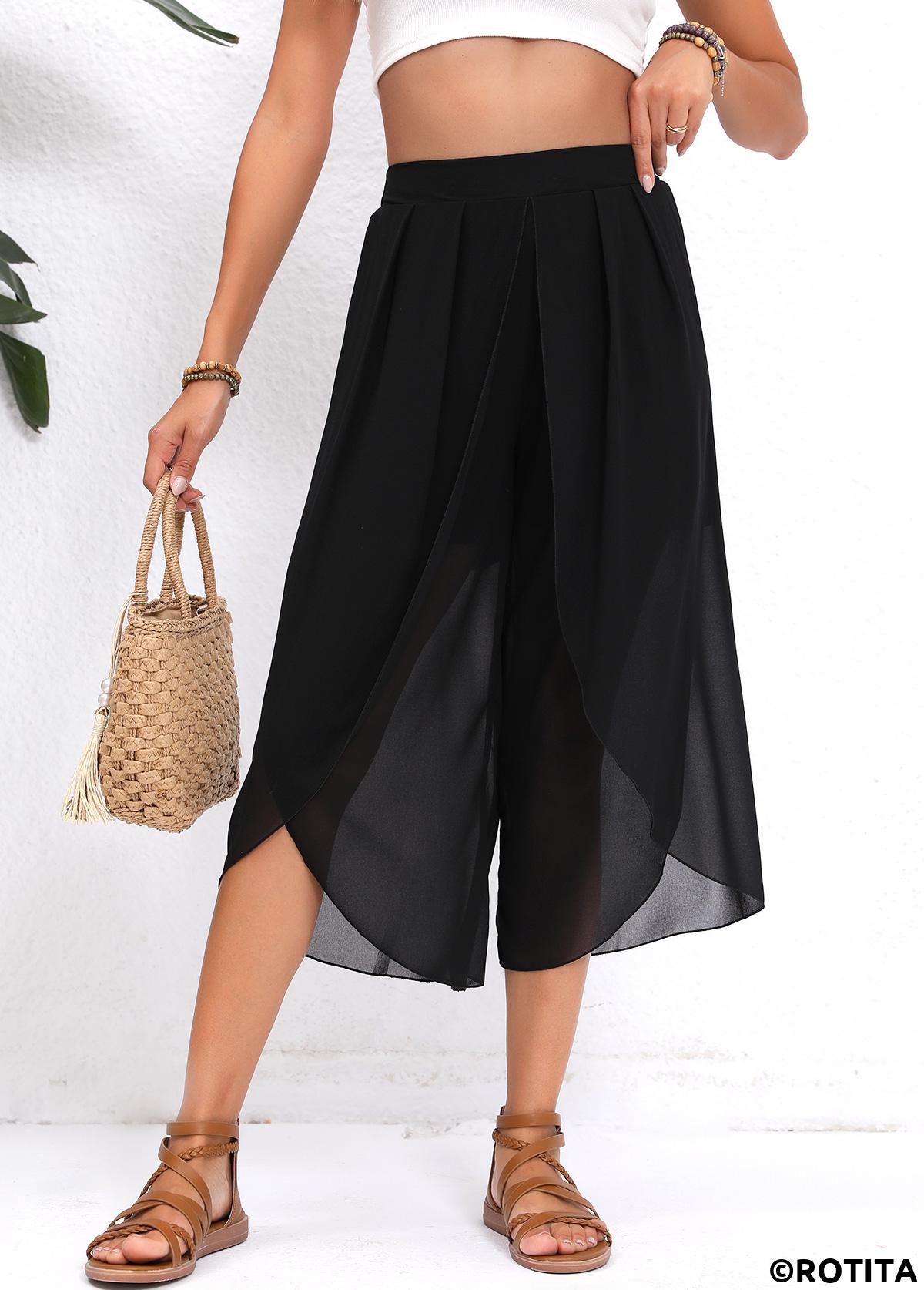 Black bottoms,Plain Color bottoms,Split Black Elastic Waist High Waisted Pants