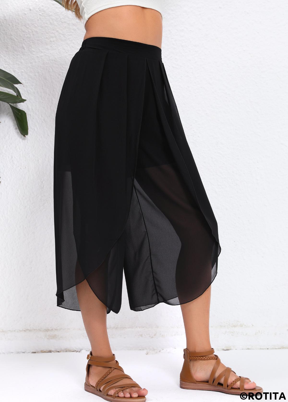 Black bottoms,Plain Color bottoms,Split Black Elastic Waist High Waisted Pants