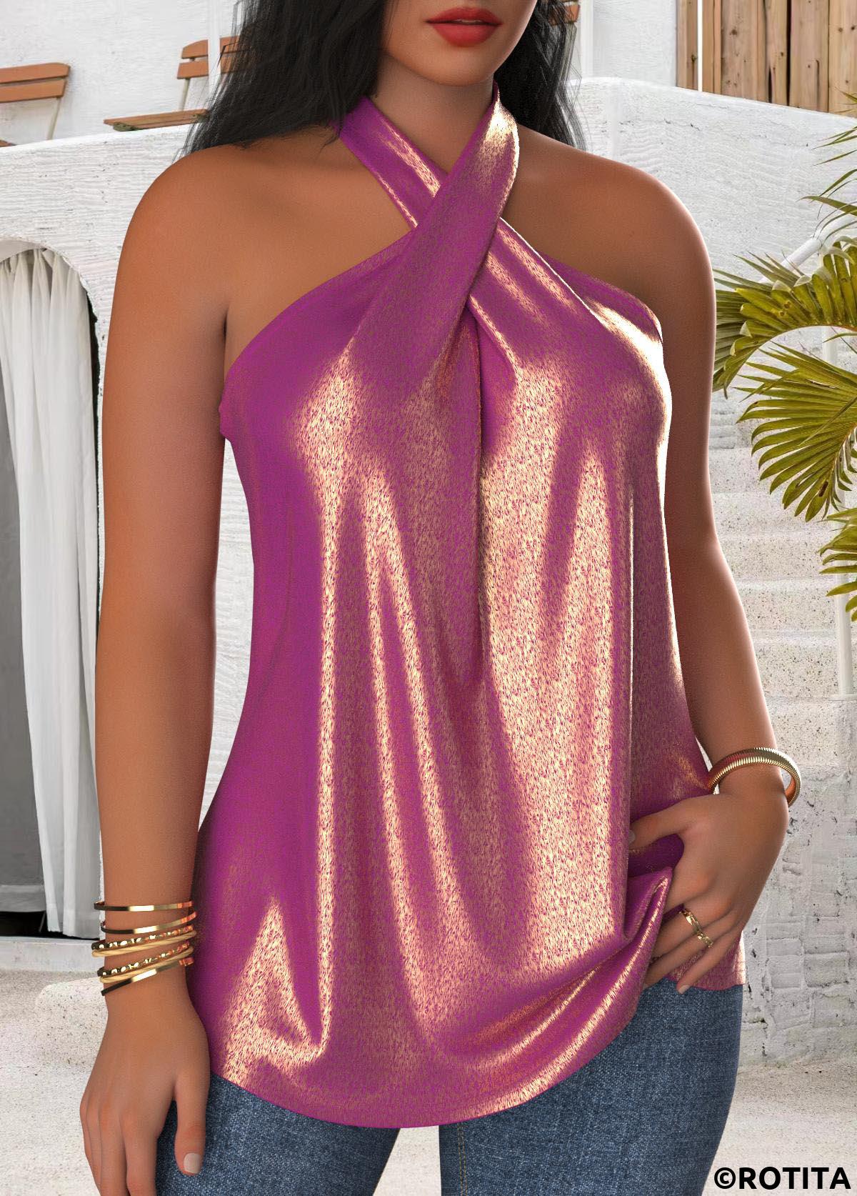 Dark Reddish Purple tops,Plain Color tops,ROTITA Shinning Dark Reddish Purple Cross Collar Sleeveless Tank Top