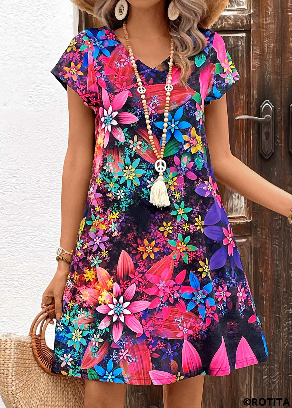 Multi Color dresses,Floral dresses,Plants dresses,Everyday dresses,Casual dresses,Floral Print Multi Color V Neck Shift Dress