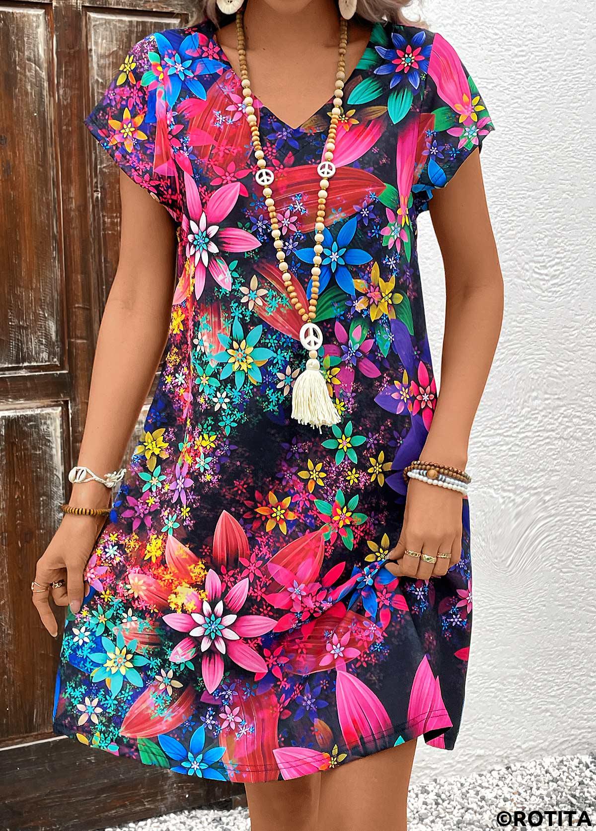 Multi Color dresses,Floral dresses,Plants dresses,Everyday dresses,Casual dresses,Floral Print Multi Color V Neck Shift Dress
