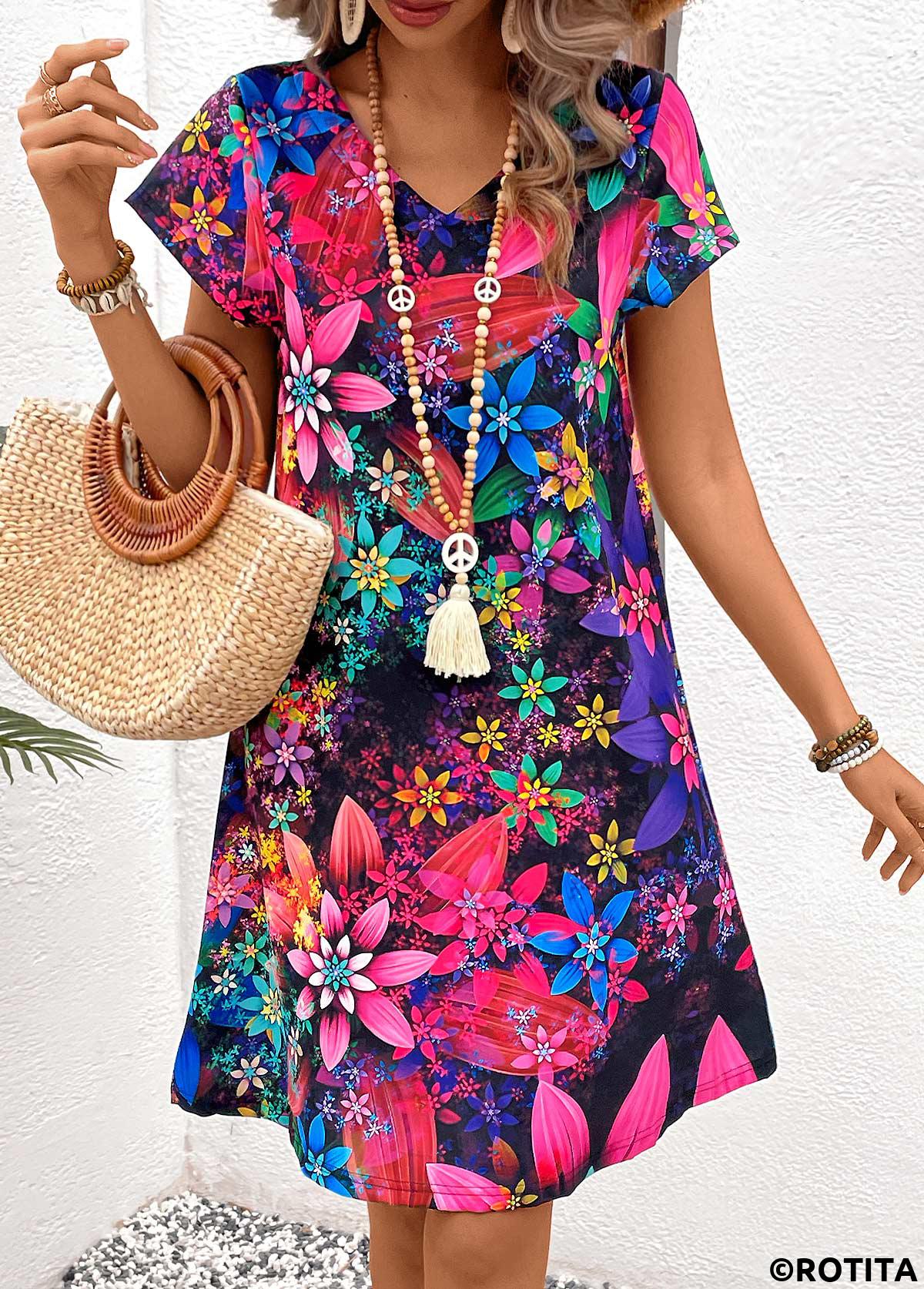 Multi Color dresses,Floral dresses,Plants dresses,Everyday dresses,Casual dresses,Floral Print Multi Color V Neck Shift Dress