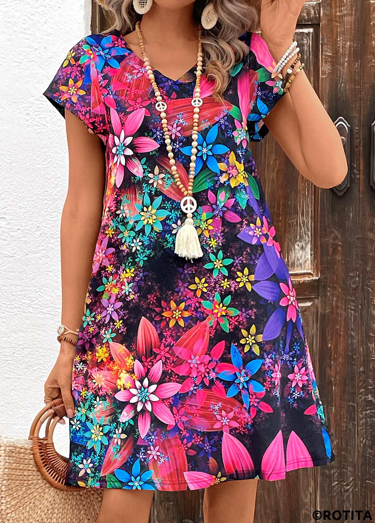 Multi Color dresses,Floral dresses,Plants dresses,Everyday dresses,Casual dresses,Floral Print Multi Color V Neck Shift Dress