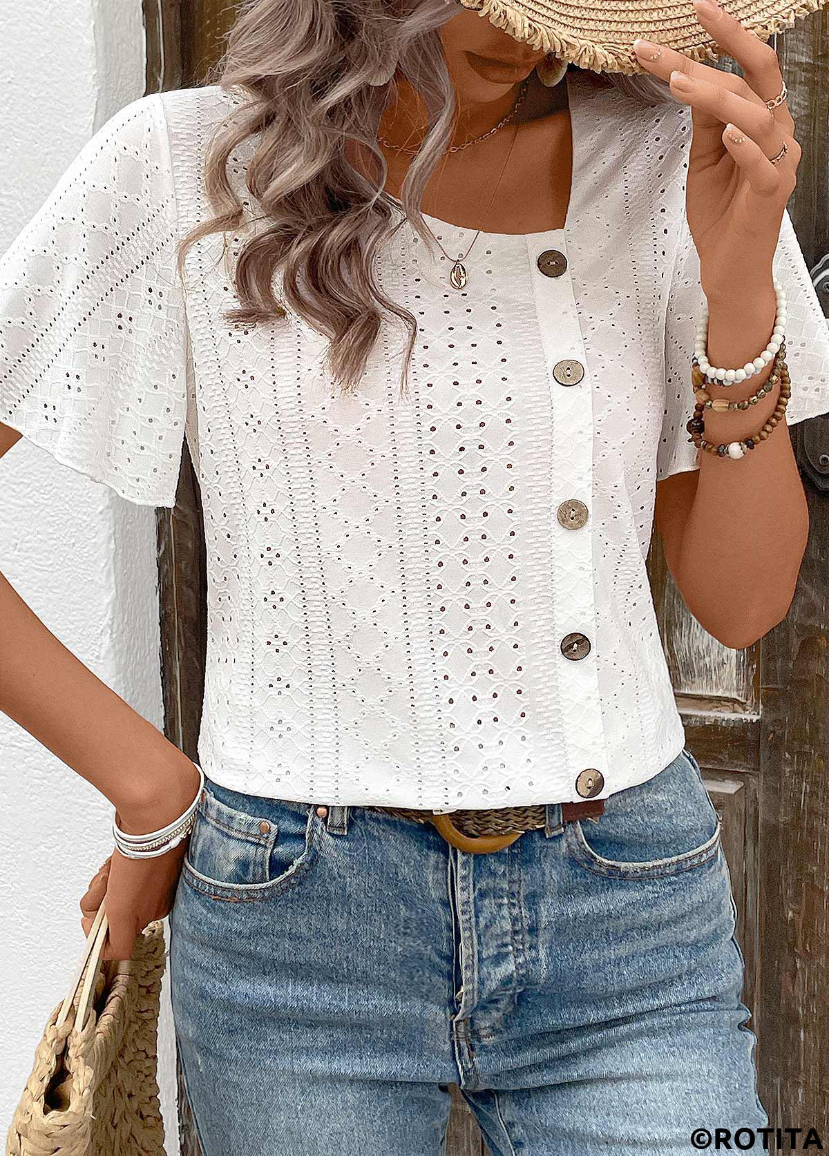 White tops,Plain Color tops,Hollow Button White Short Sleeve T Shirt