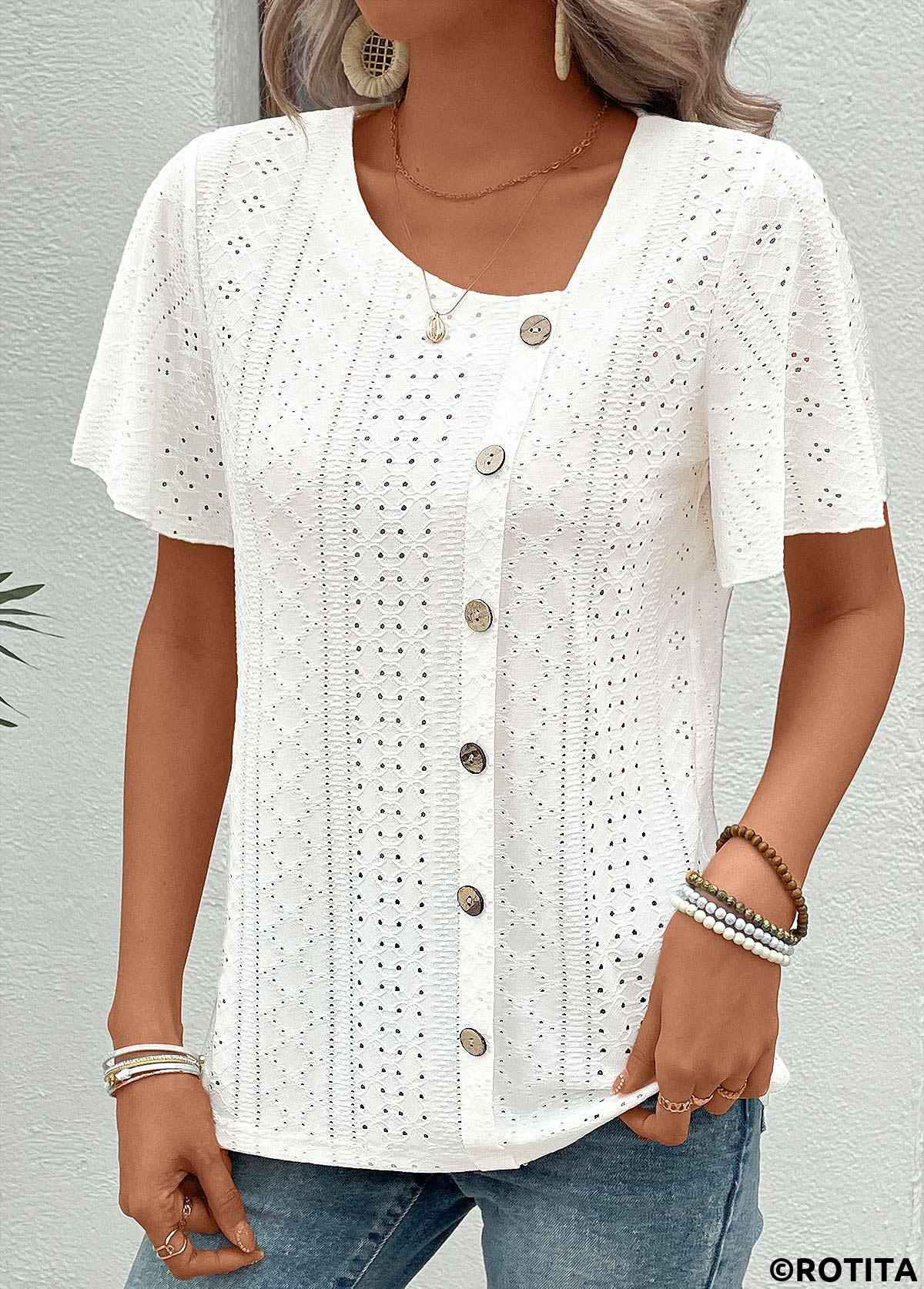White tops,Plain Color tops,Hollow Button White Short Sleeve T Shirt