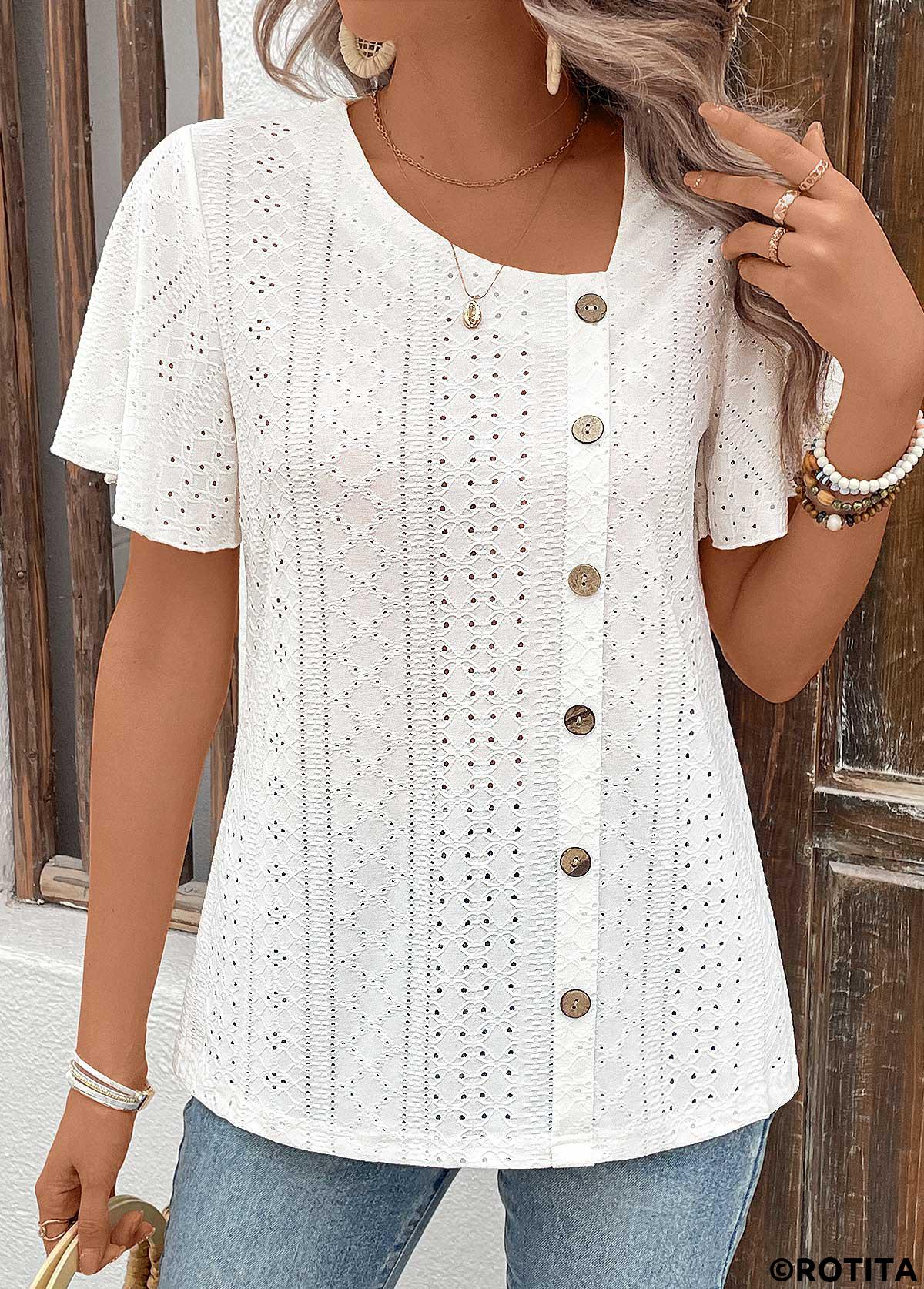 White tops,Plain Color tops,Hollow Button White Short Sleeve T Shirt