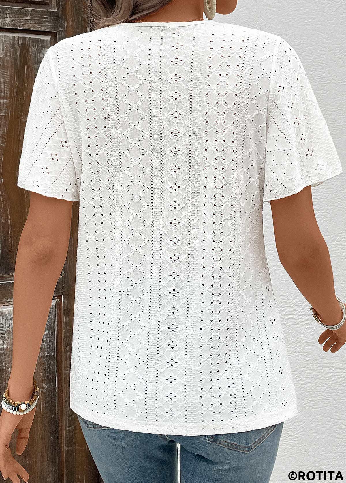 White tops,Plain Color tops,Hollow Button White Short Sleeve T Shirt