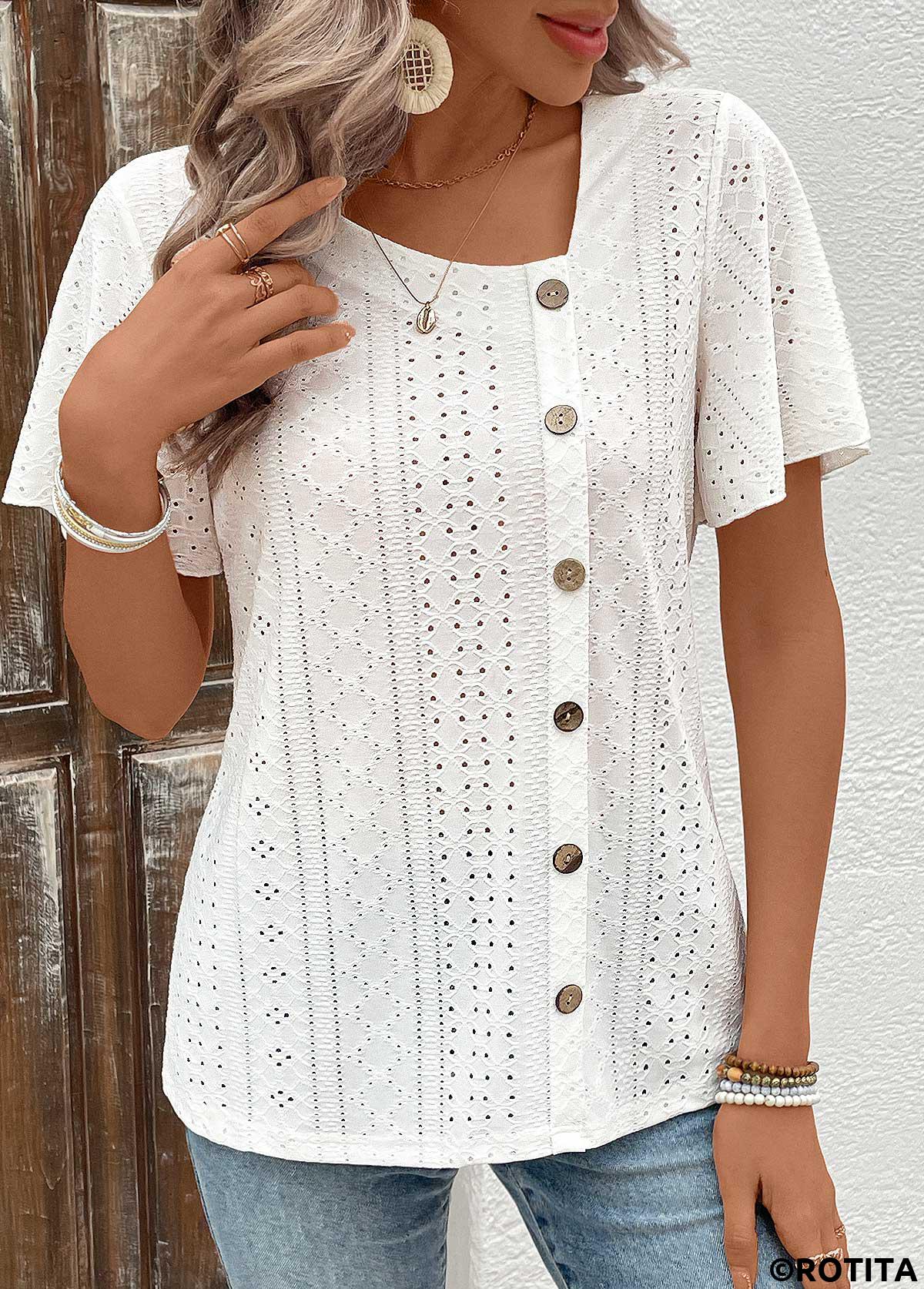 White tops,Plain Color tops,Hollow Button White Short Sleeve T Shirt