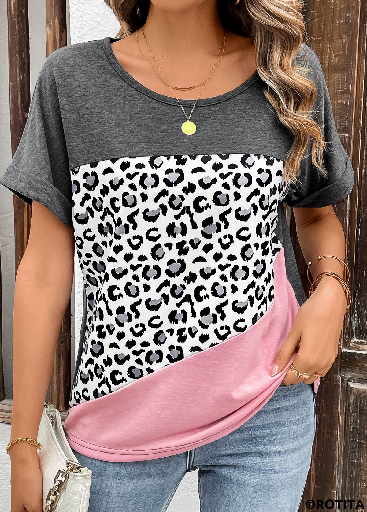 Pink tops,Leopard tops,Patchwork Leopard Pink Round Neck Short Sleeve T Shirt