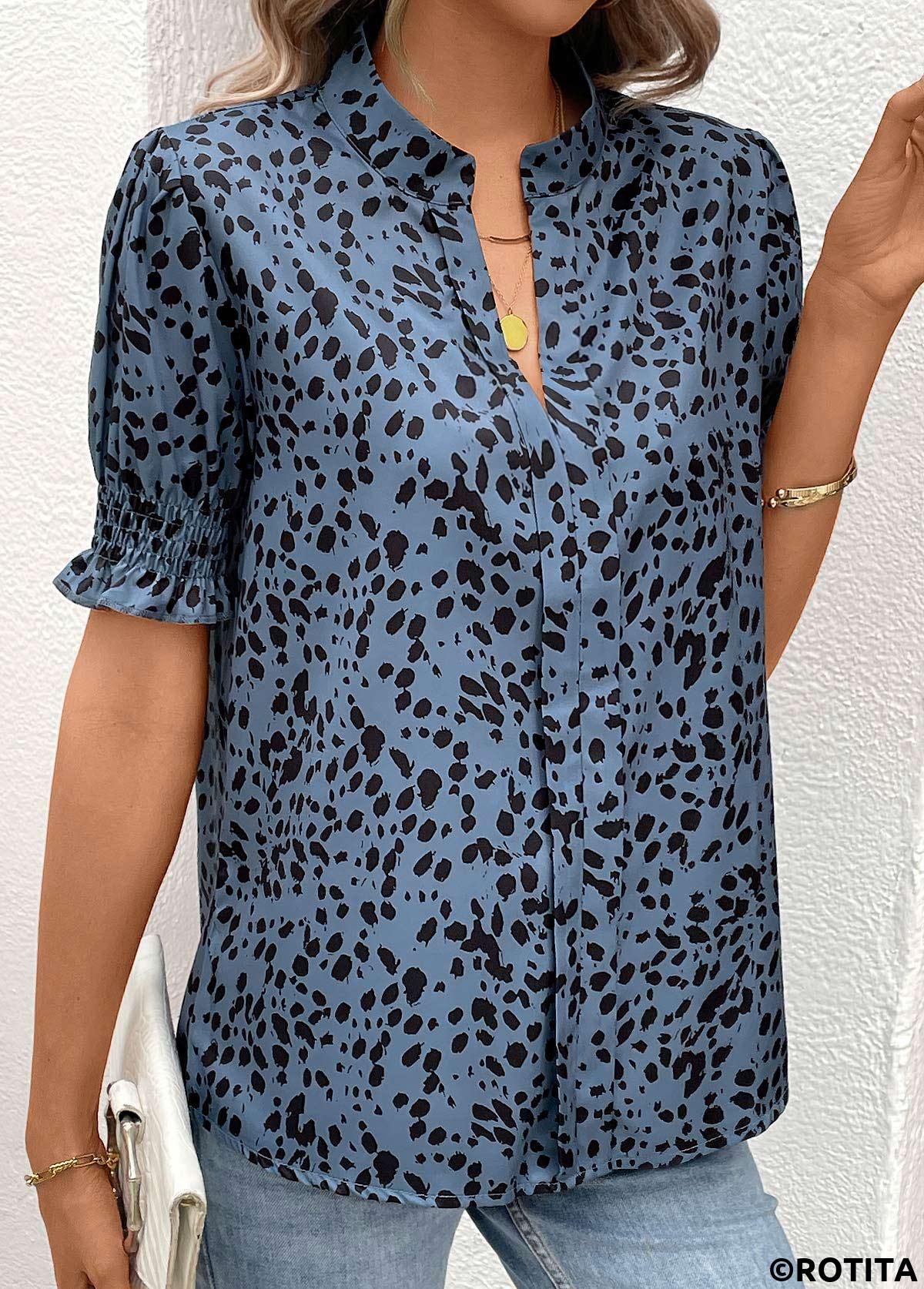 Dusty Blue tops,Black tops,Leopard tops,Smocked Leopard Dusty Blue Split Neck Short Sleeve Blouse