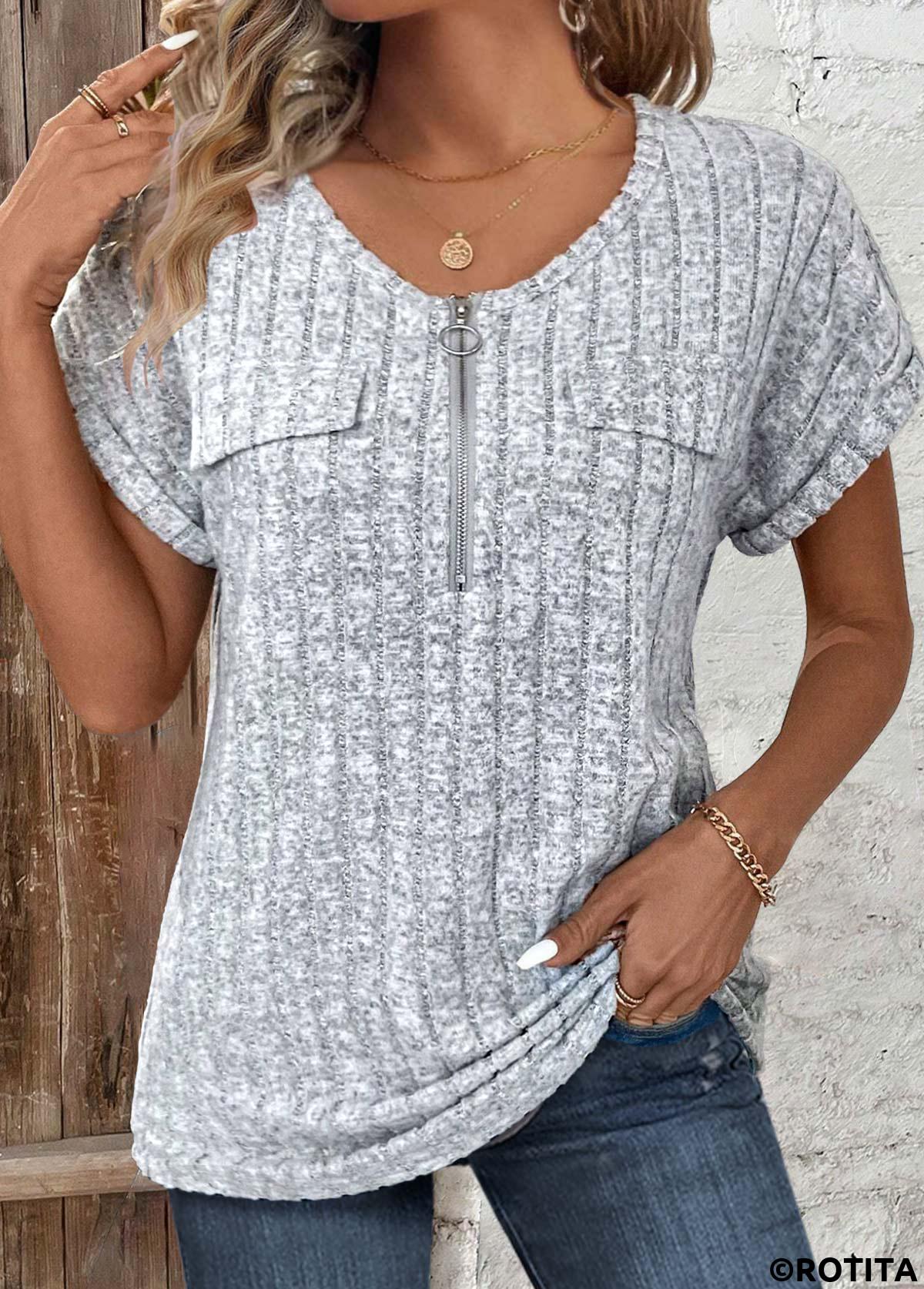 Light Grey Marl tops,Plain Color tops,ROTITA Zipper Light Grey Marl V Neck Short Sleeve Blouse