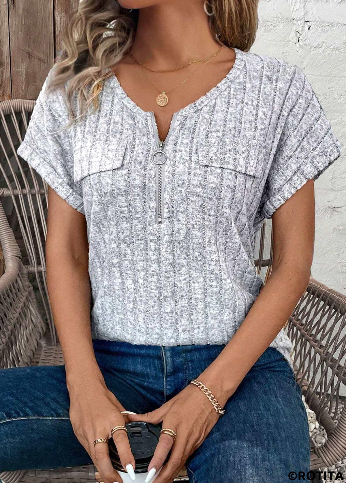 Light Grey Marl tops,Plain Color tops,ROTITA Zipper Light Grey Marl V Neck Short Sleeve Blouse