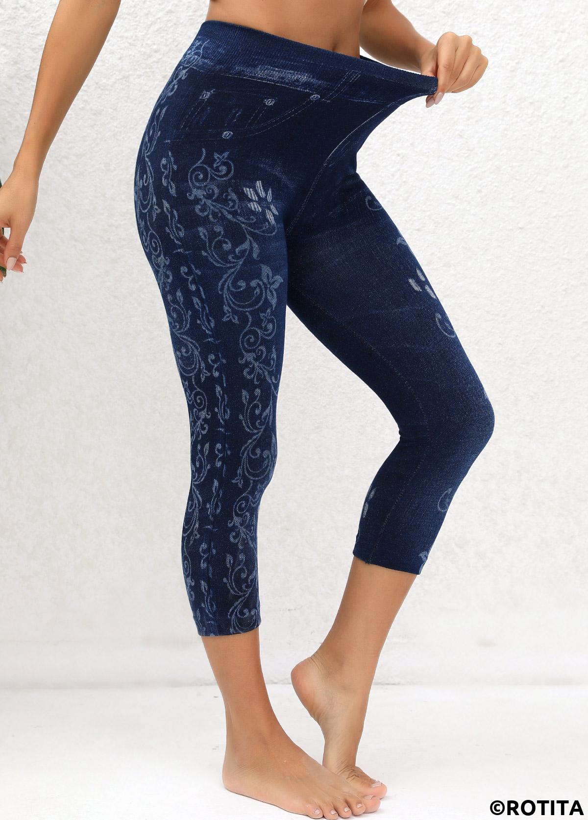 Denim Blue bottoms,Floral bottoms,Plants bottoms,Floral Print Denim Blue High Waisted Elastic Waist Leggings