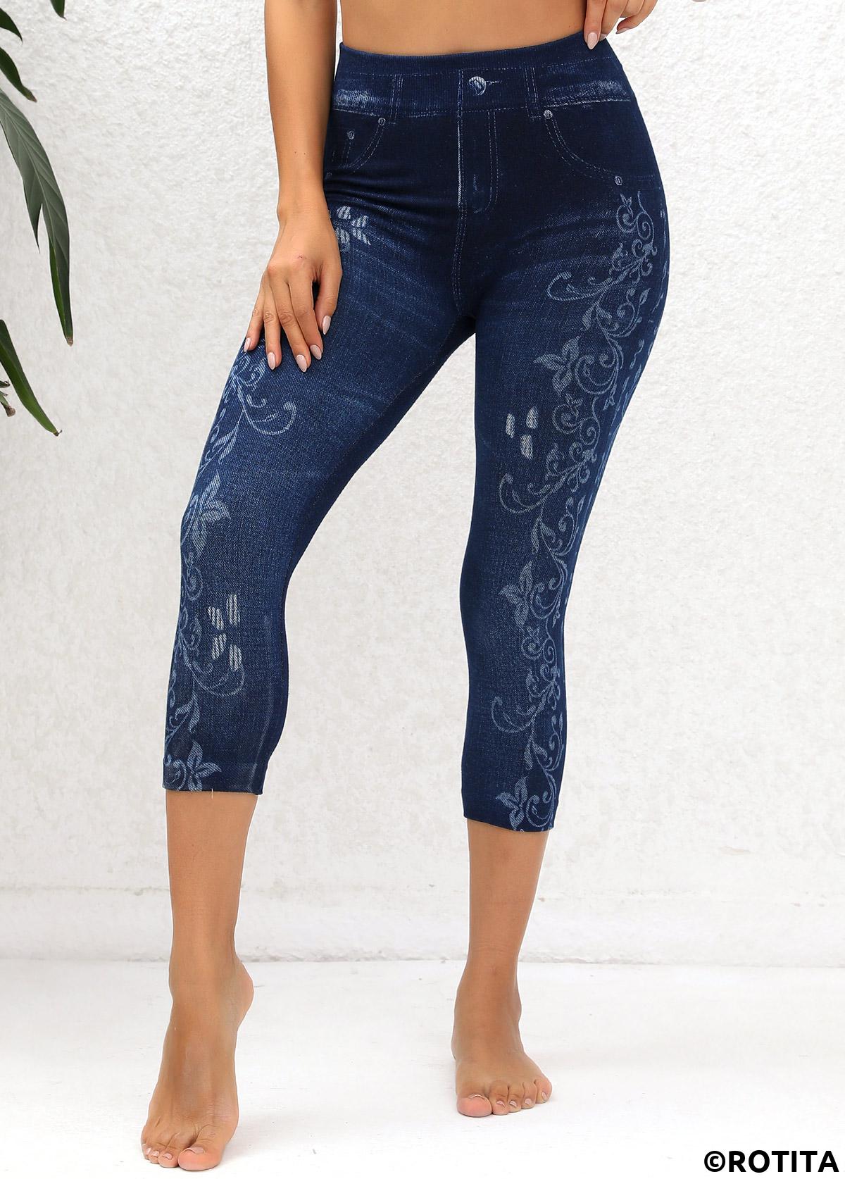 Denim Blue bottoms,Floral bottoms,Plants bottoms,Floral Print Denim Blue High Waisted Elastic Waist Leggings