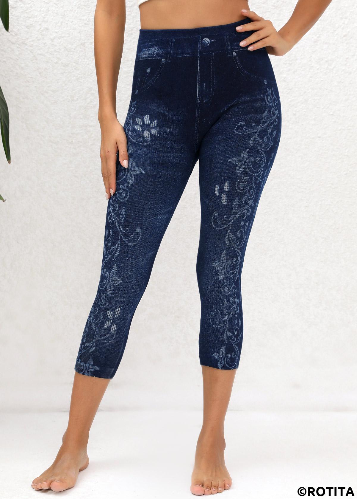 Denim Blue bottoms,Floral bottoms,Plants bottoms,Floral Print Denim Blue High Waisted Elastic Waist Leggings