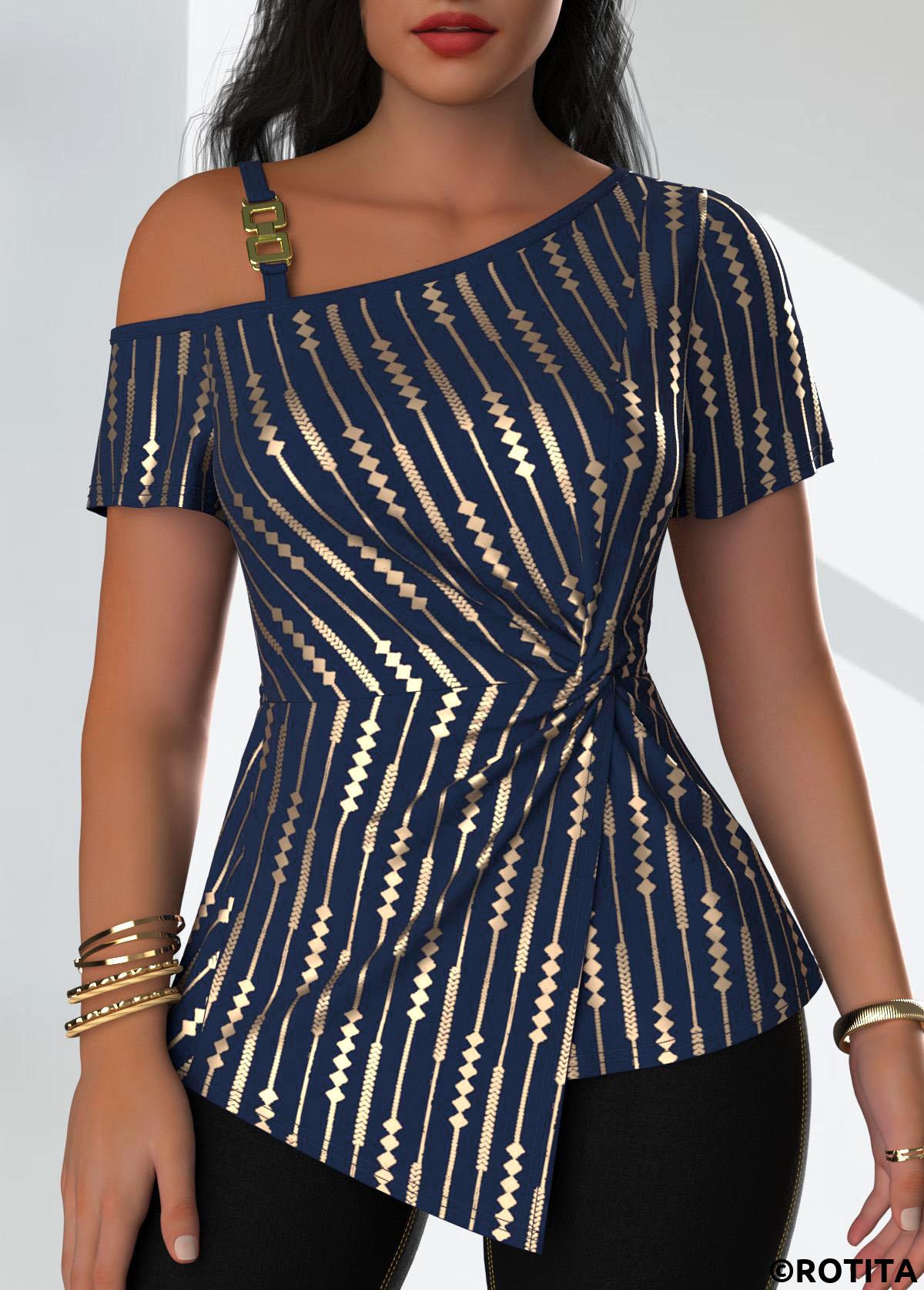 Navy tops,Geometric tops,ROTITA Twist Geometric Print Navy One Shoulder T Shirt