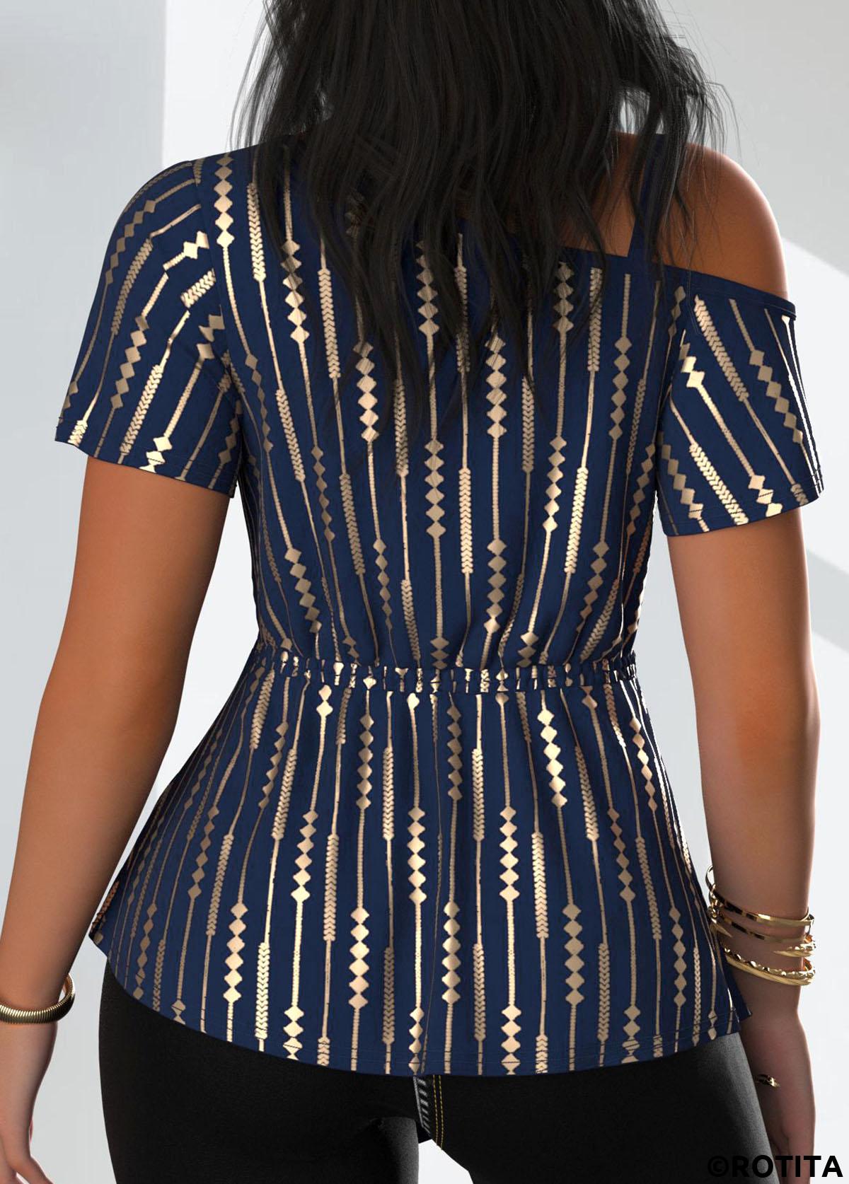Navy tops,Geometric tops,ROTITA Twist Geometric Print Navy One Shoulder T Shirt