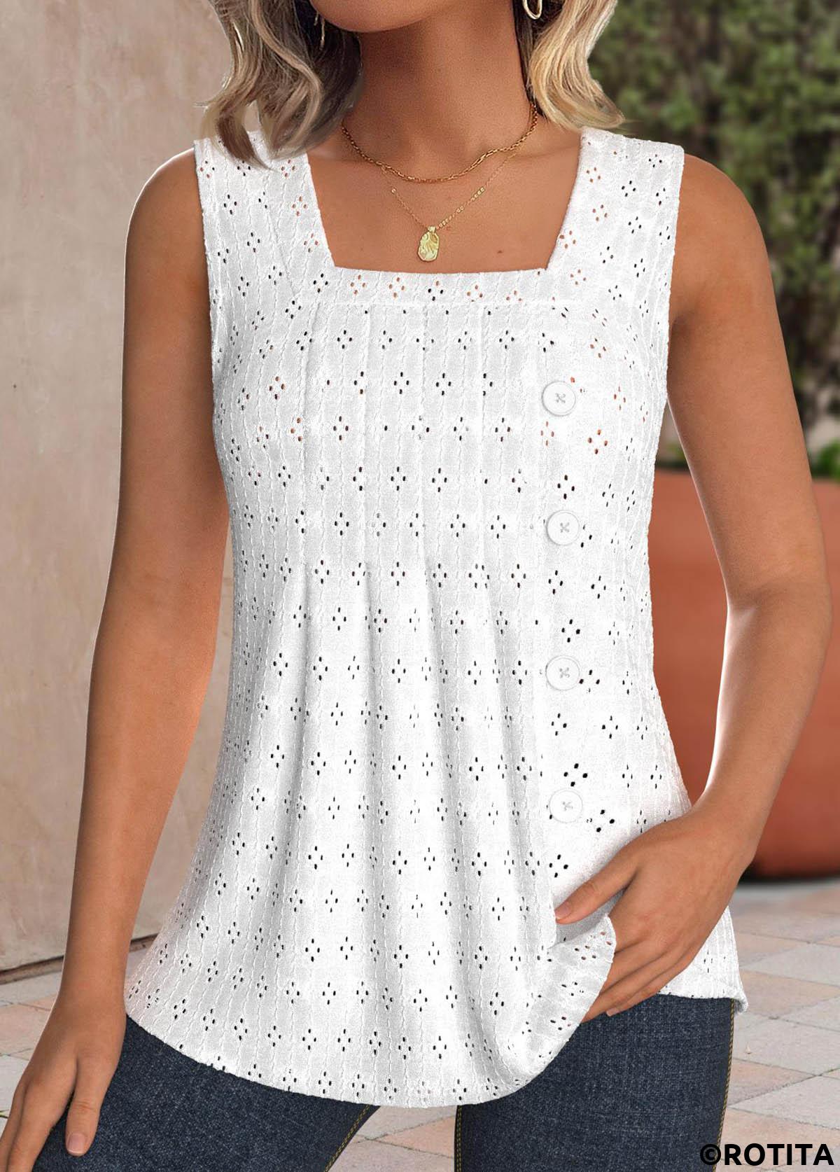 White tops,Plain Color tops,ROTITA Textured Fabric White Square Neck Sleeveless Tank Top
