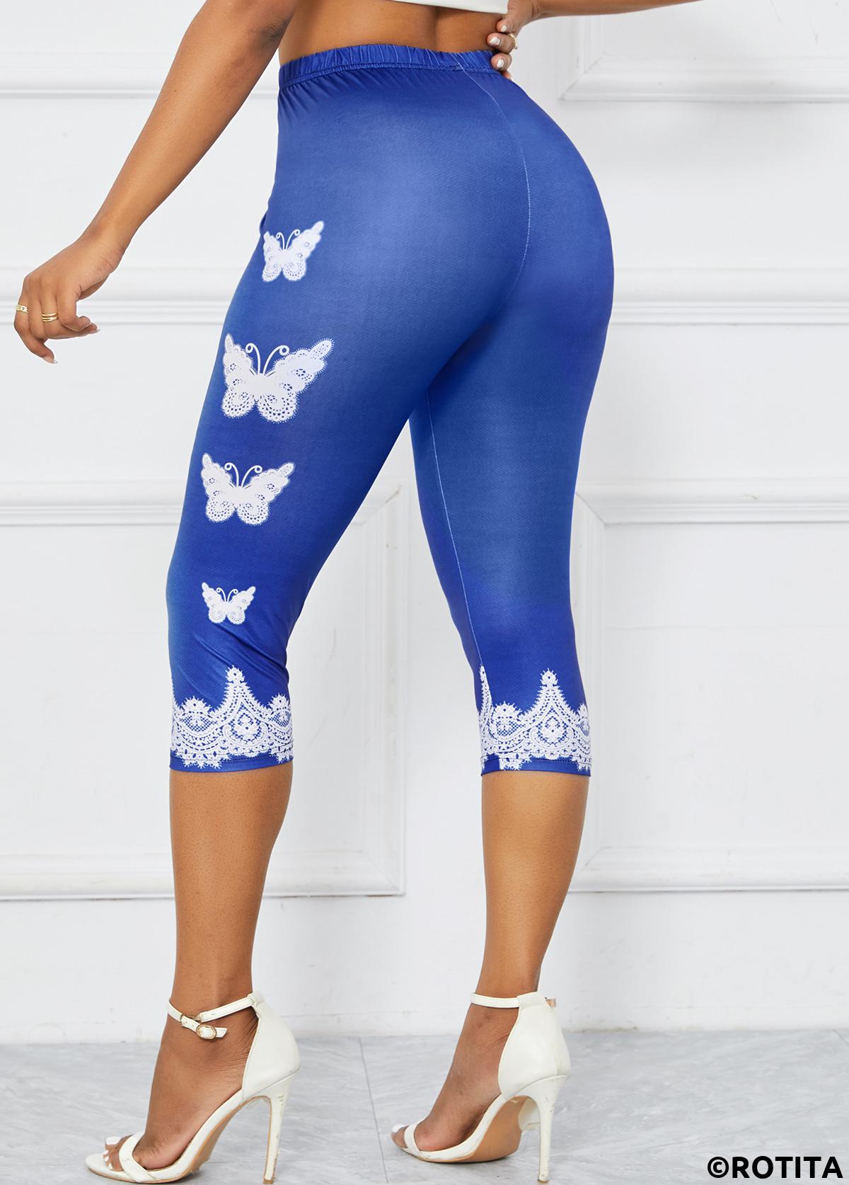Dark Blue bottoms,Animal Print bottoms,Butterfly Print Dark Blue High Waisted Elastic Waist Leggings