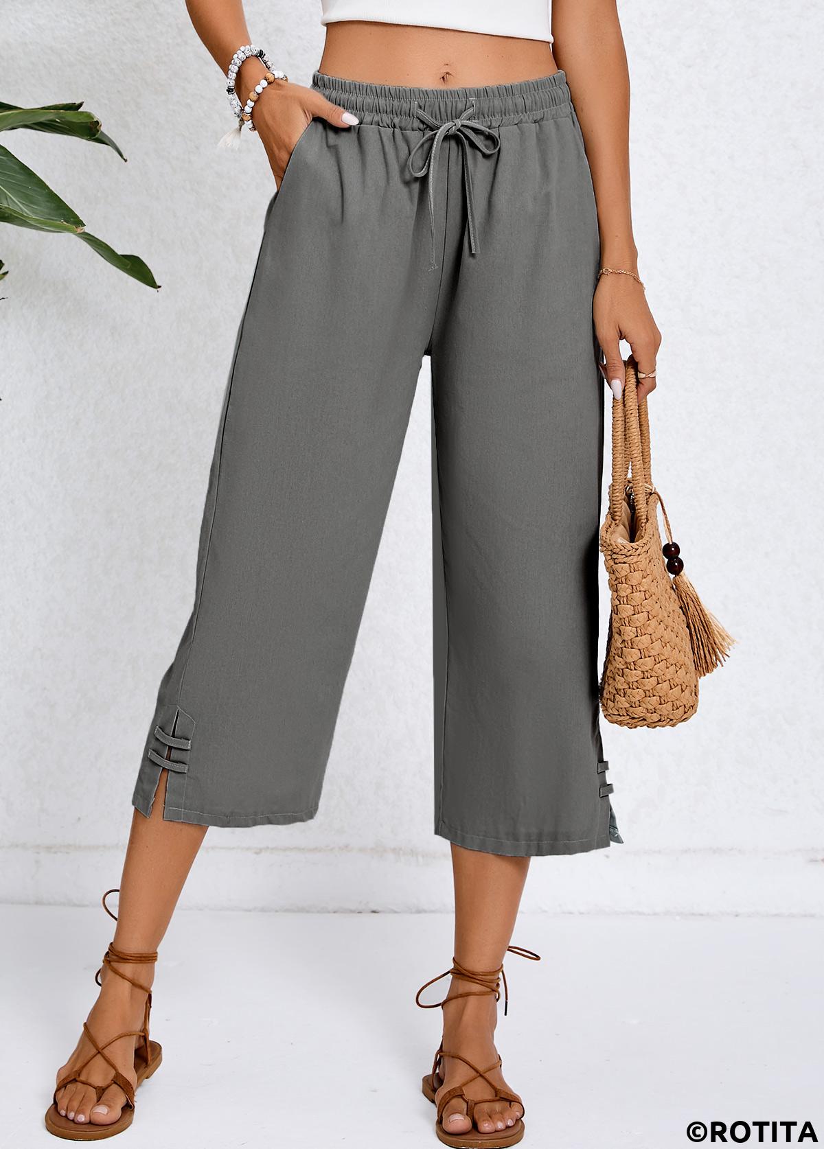Dunkelgraue Hose mit hoher Taille und elastischem Bund und Tasche