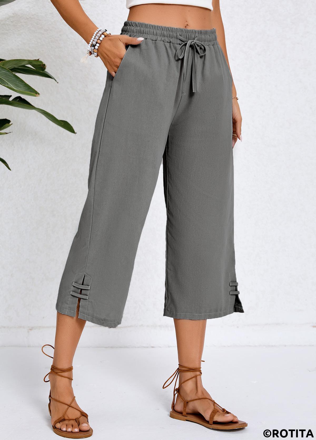 Dunkelgraue Hose mit hoher Taille und elastischem Bund und Tasche