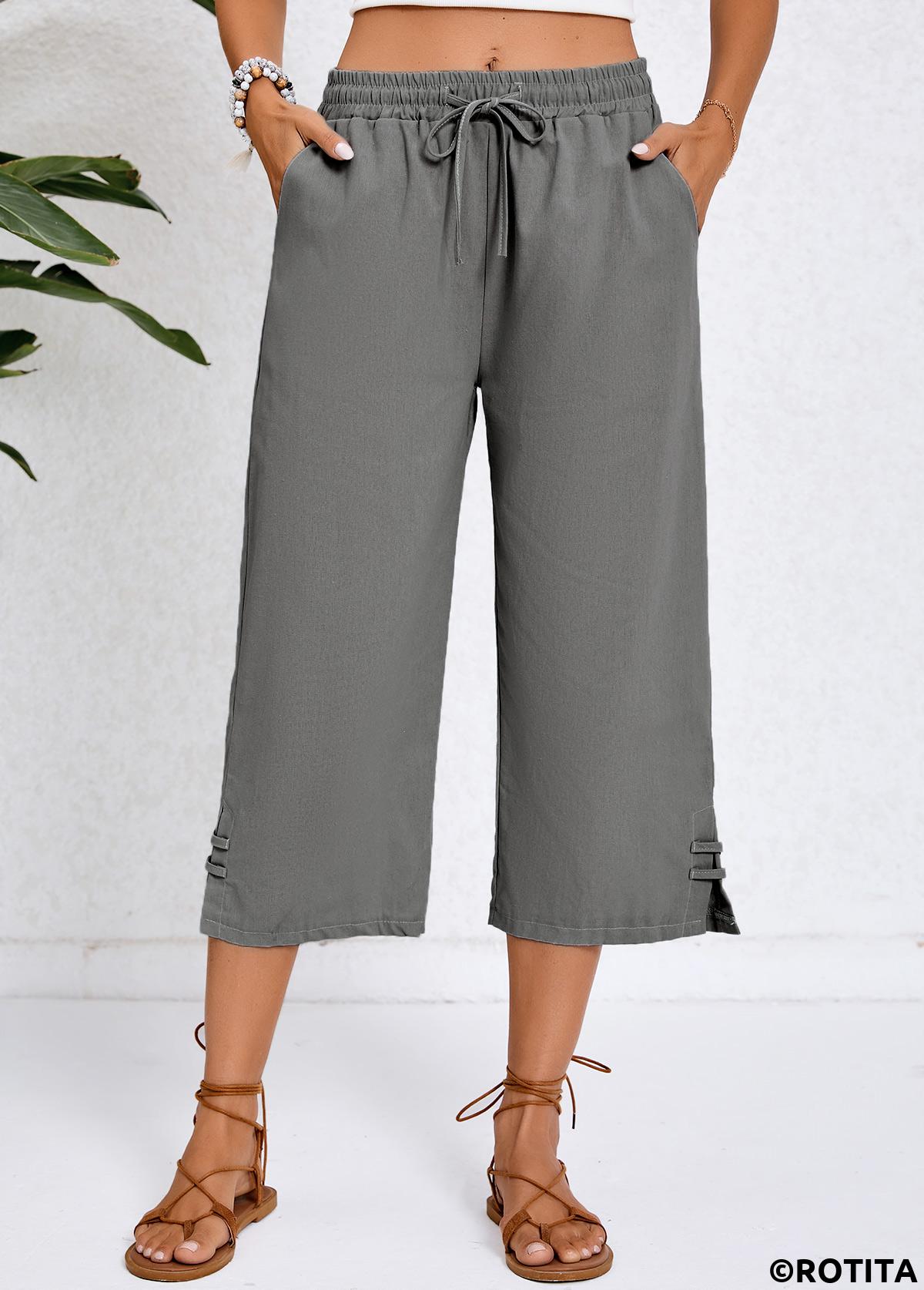 Dunkelgraue Hose mit hoher Taille und elastischem Bund und Tasche