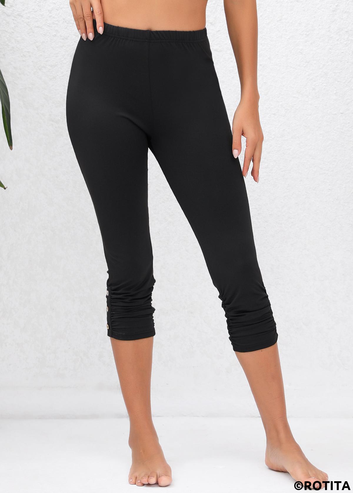 Black bottoms,Plain Color bottoms,Ruched Black High Waisted Elastic Waist Capri Leggings