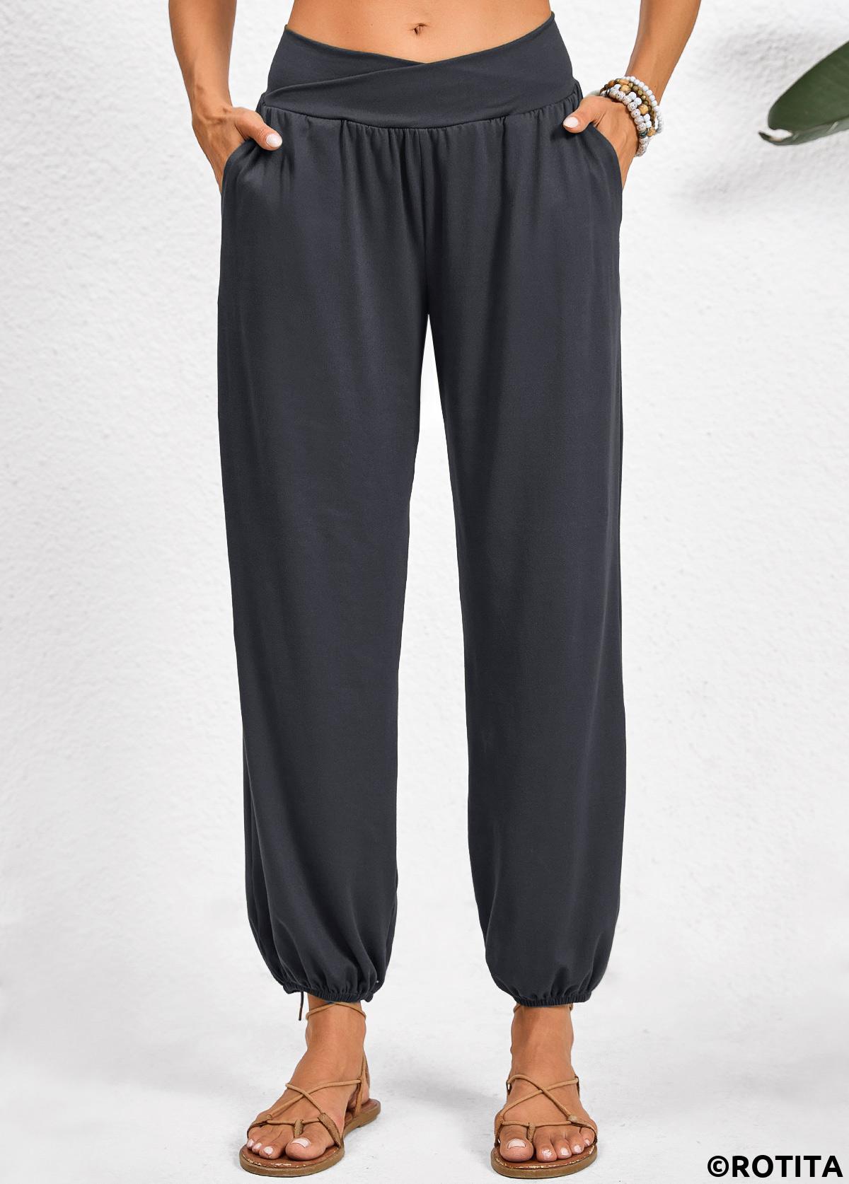Pocket Jogger Elastic Waist High Waisted Dark Grey Pants