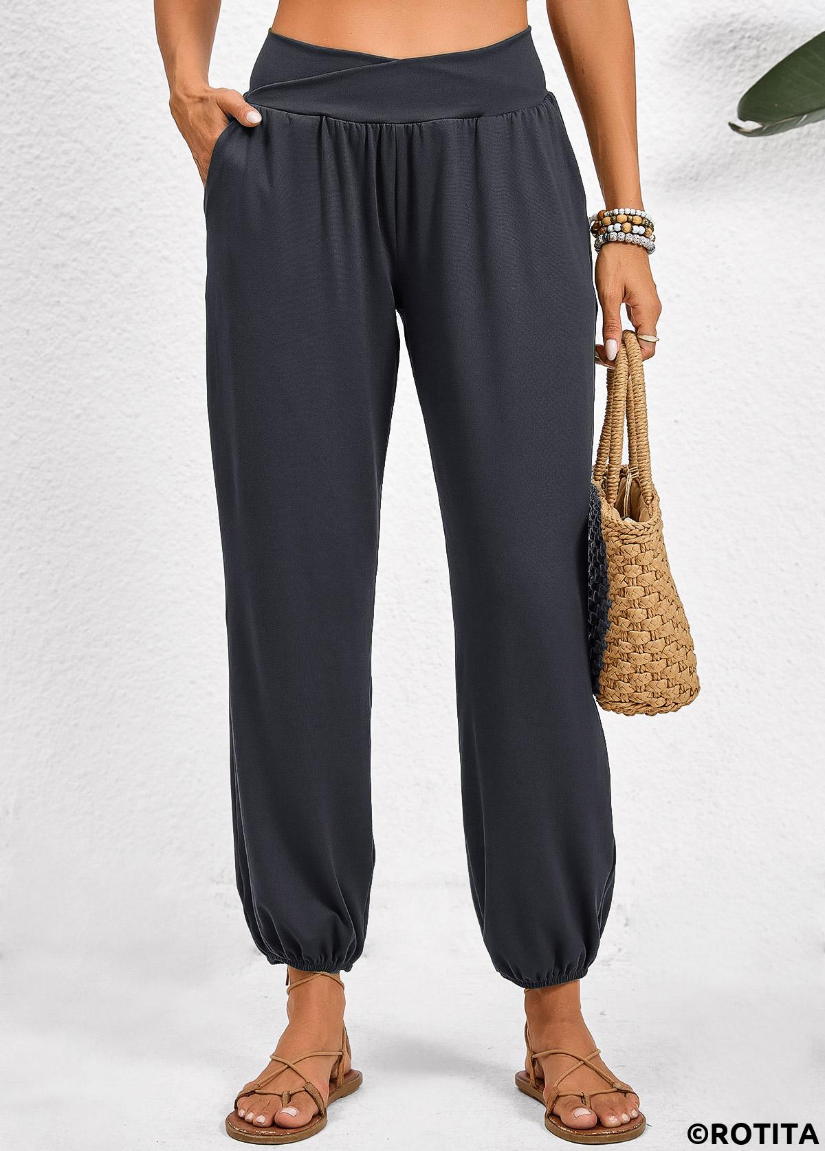 Pocket Jogger Elastic Waist High Waisted Dark Grey Pants