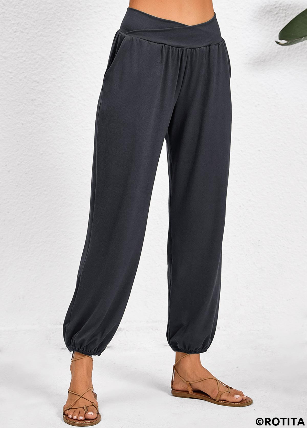 Pocket Jogger Elastic Waist High Waisted Dark Grey Pants
