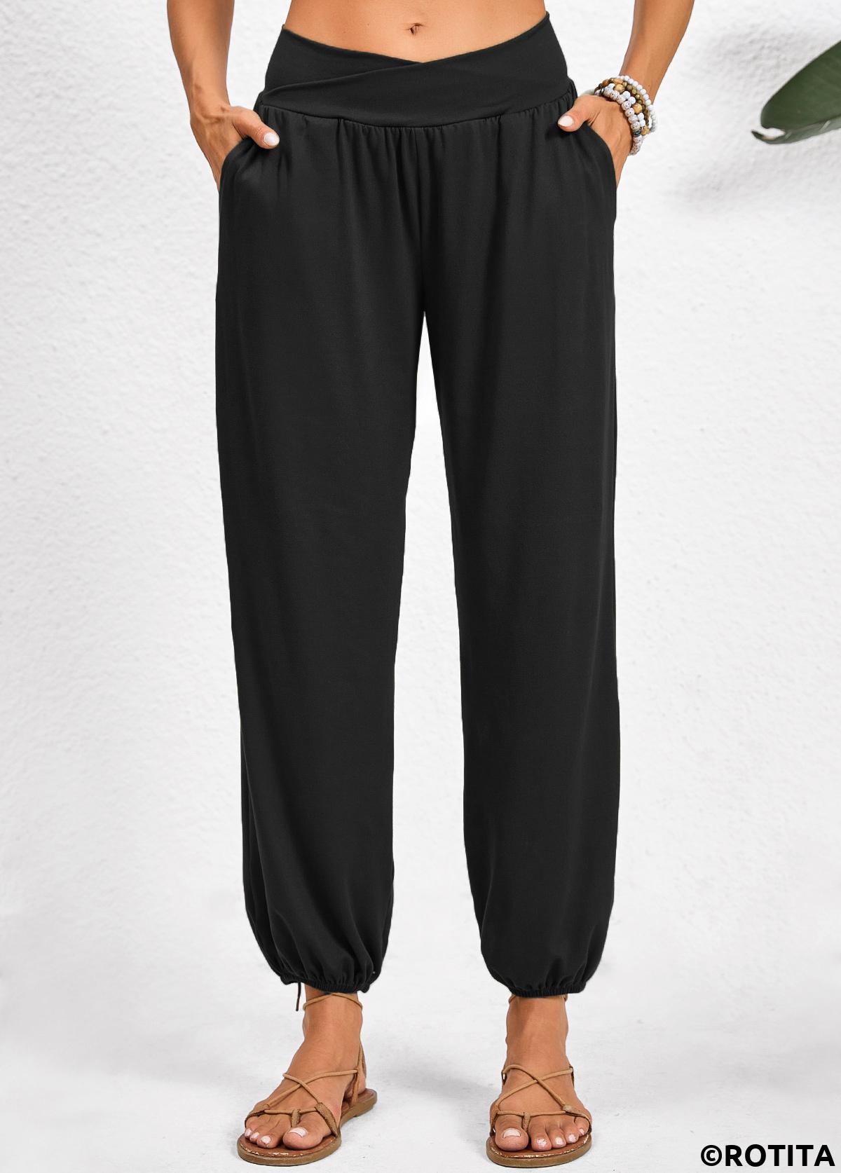 Black bottoms,Plain Color bottoms,Pocket Jogger Elastic Waist High Waisted Black Pants