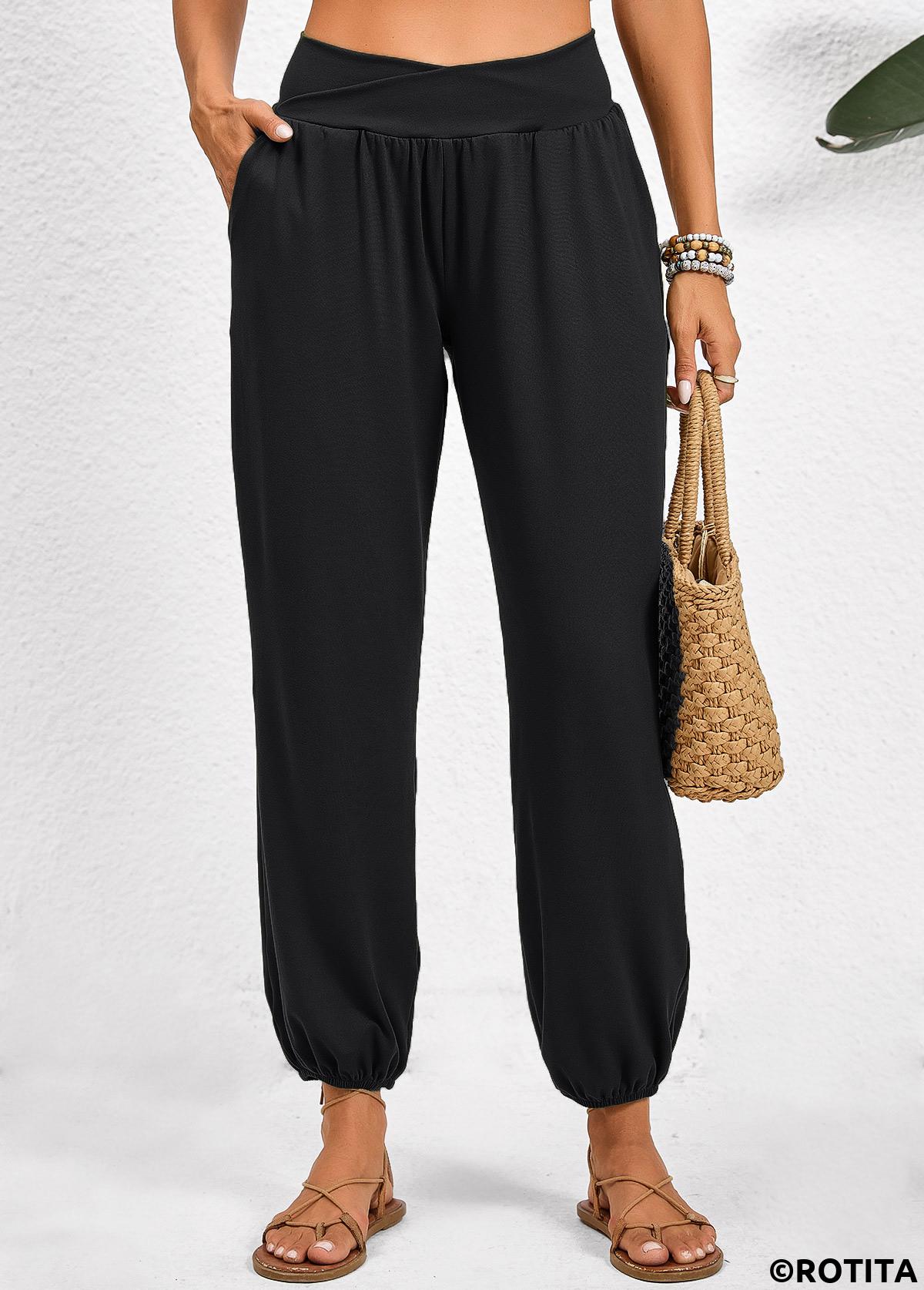 Black bottoms,Plain Color bottoms,Pocket Jogger Elastic Waist High Waisted Black Pants