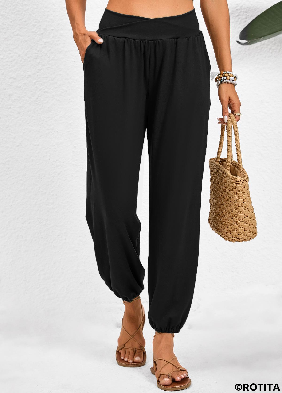 Black bottoms,Plain Color bottoms,Pocket Jogger Elastic Waist High Waisted Black Pants
