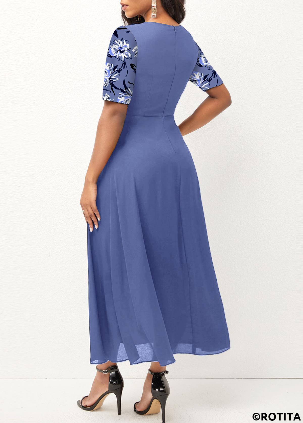 ROTITA Patchwork Floral Print Dusty Blue Round Neck Dress