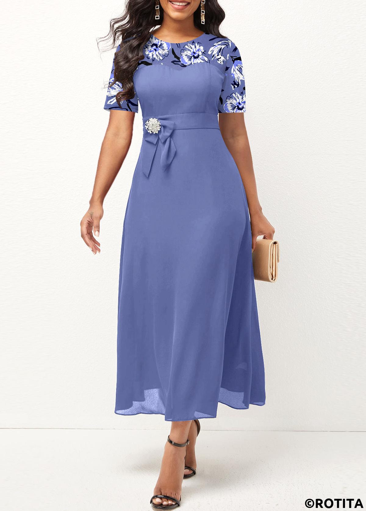 ROTITA Patchwork Floral Print Dusty Blue Round Neck Dress