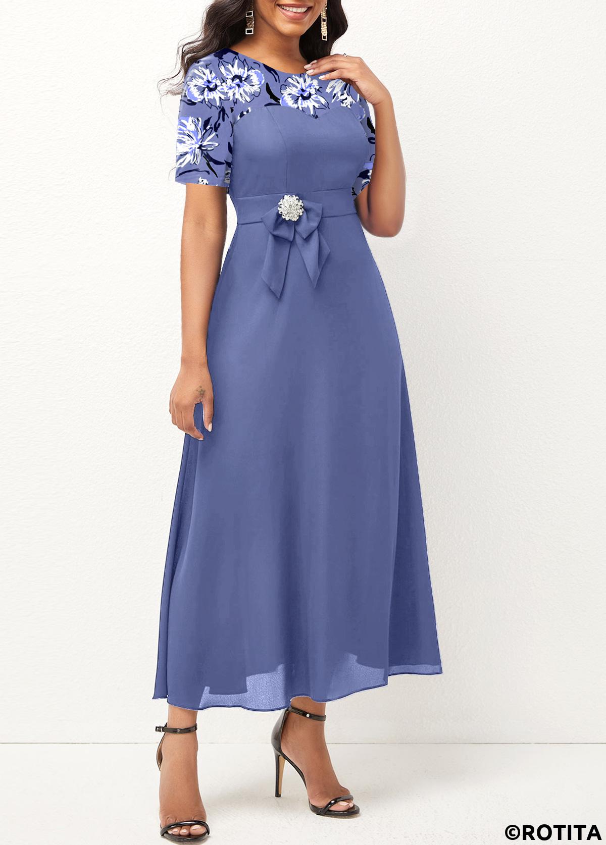 ROTITA Patchwork Floral Print Dusty Blue Round Neck Dress