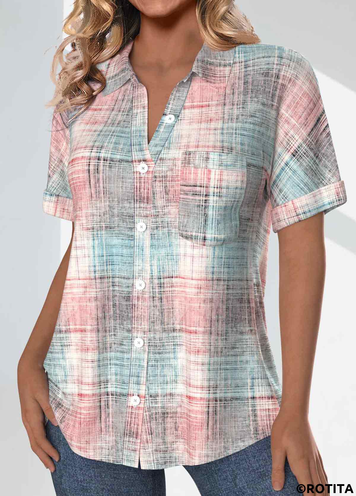 Light Pink tops,Grey tops,Plaid tops,ROTITA Pocket Plaid Light Pink Shirt Collar Short Sleeve Blouse